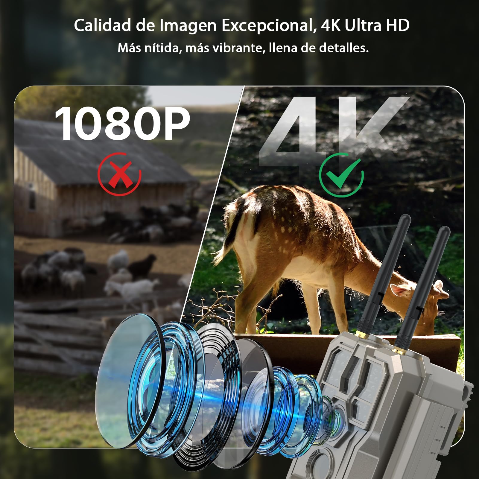 GardePro E8 2.0 Cámara de Caza, WiFi de Doble Antena con Tarjeta SD de 64GB, 64MP 4K H.264, Alcance de Visión Nocturna de 30m y 0,1s Tiempo de Activación, LED IR de 940nm No-Glow, IP66