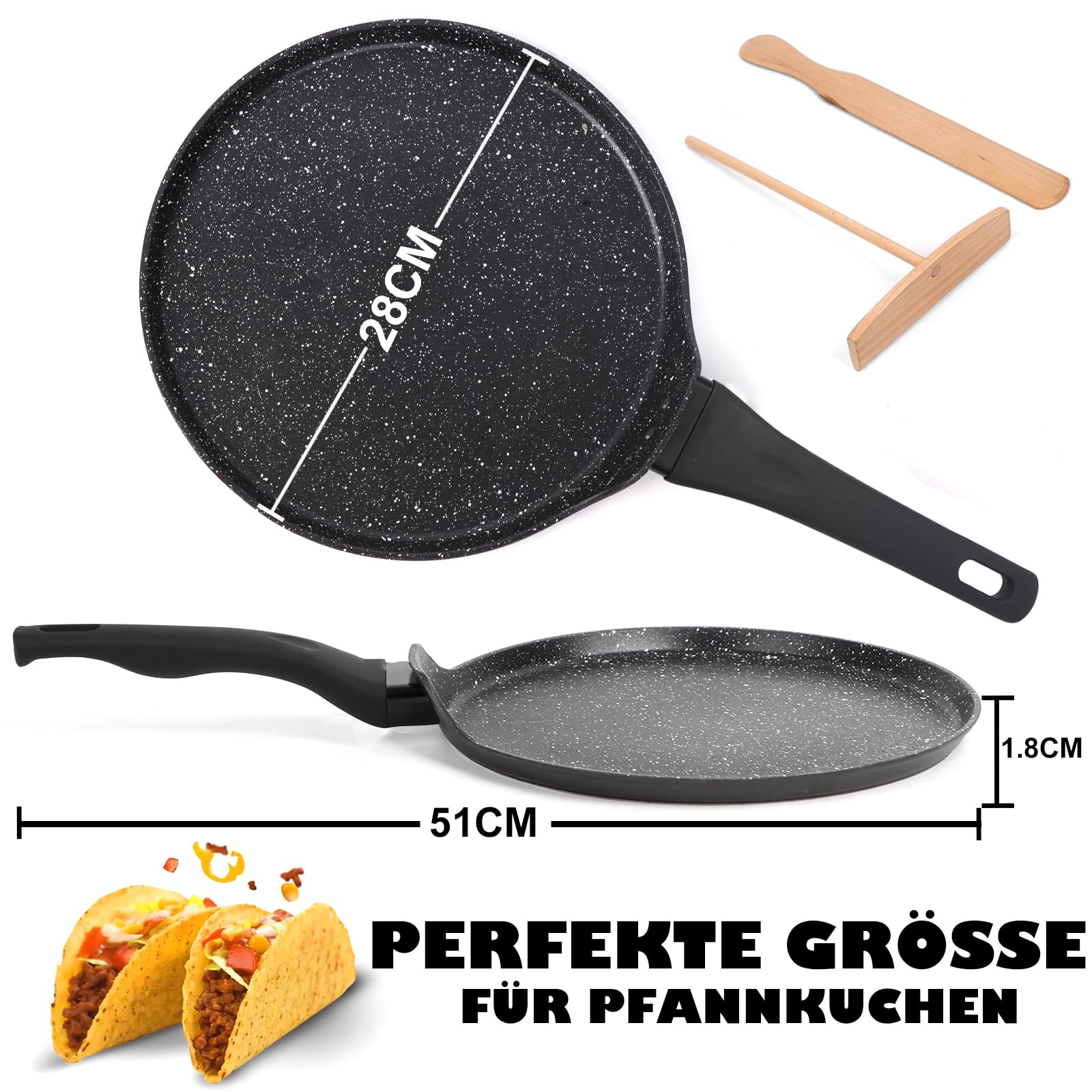diig Sartén para crepes (28 cm, antiadherente, tortilla, con distribuidor de masa y pala de madera), color negro