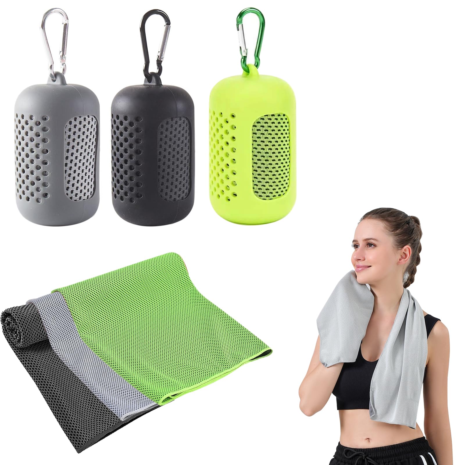 Gym Towels, 3 Pack Cooling Towel Soft Microfiber with Portable Silicone Sleeves, Breathable Instant Towels, Microfiber Soft Quick Dry Gym Towel for Sport Camping Swim Fitness(30 x 90cm, 3 Colors)