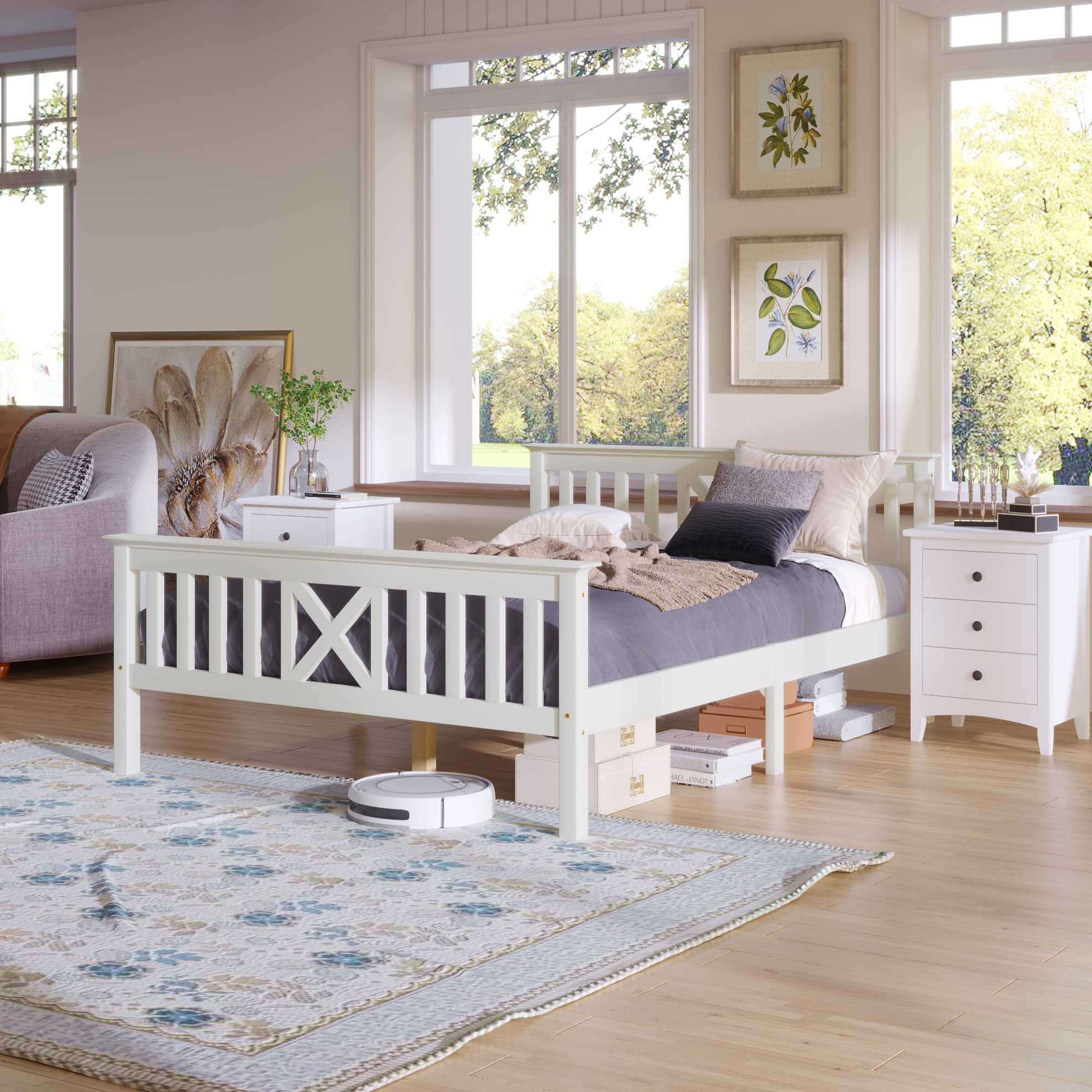 Shye Letto matrimoniale in legno massello con rete a doghe, letto in legno con testiera – Lettino per bambini in pino massiccio bianco (140 x 200 cm)