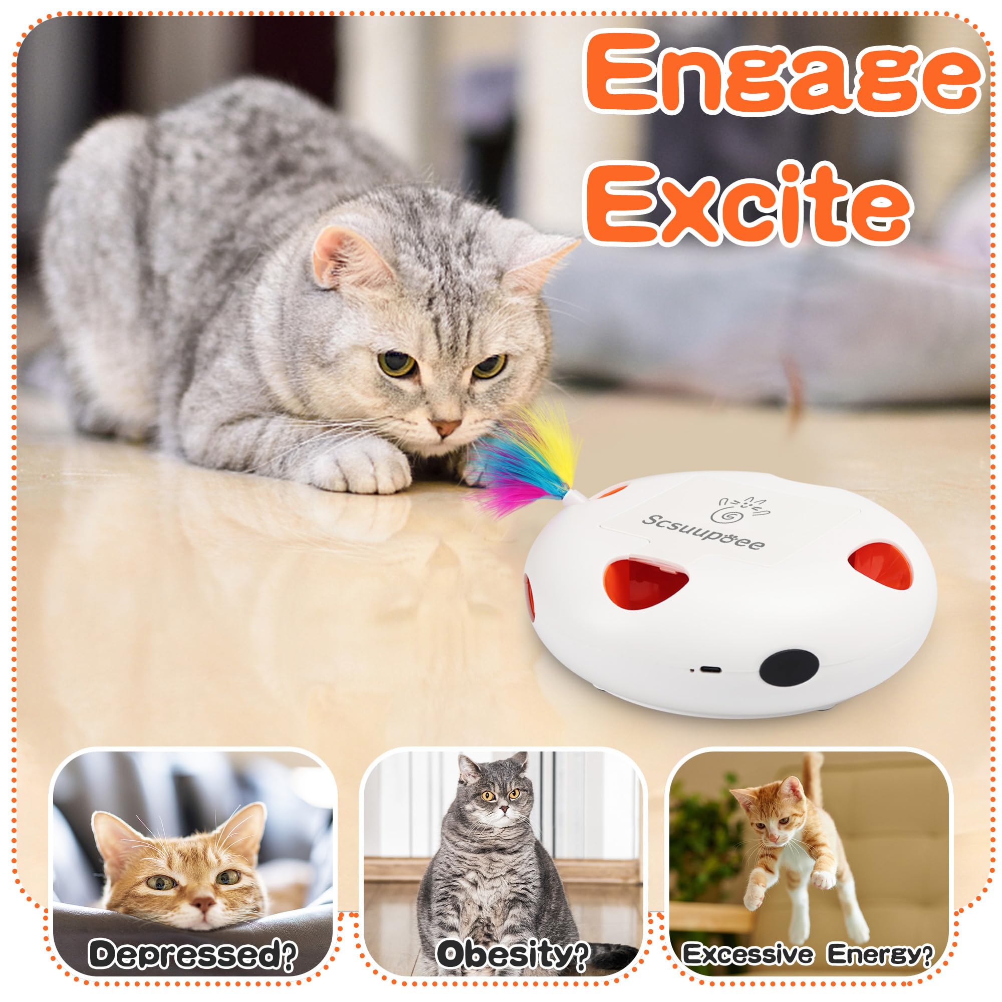 Giocattolo interattivo per gatti, ricaricabile, con sensore intelligente, con 7 fori, alimentato tramite USB, automatico, per gatti da interni, bianco