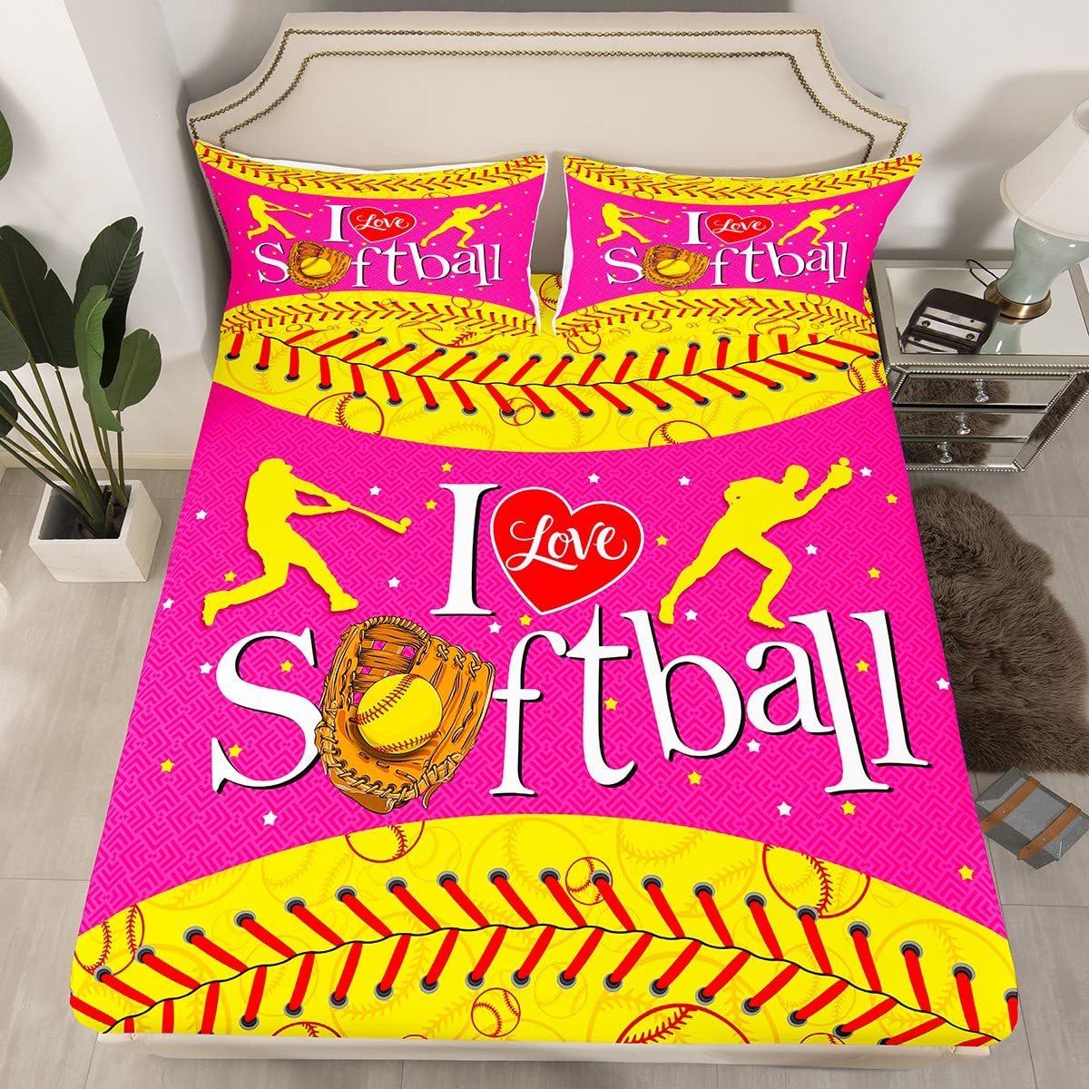 Softball Player Bedding Set Twin Size Sports Softball Bed Set for Girls Teens Bedroom Decor Kids Yellow and Pink Fitted Sheet Soft Microfiber Gaming Bed Cover(1 Fitted Sheet+1 Pillow Case)