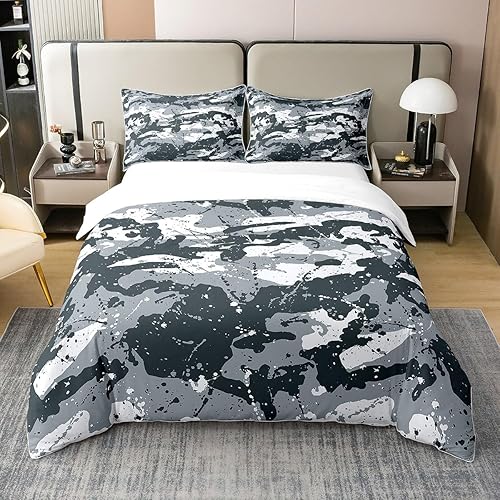 Erosebridal Juego de ropa de cama 100 % algodón natural, diseño de camuflaje blanco, gris, para niñas, adolescentes, jóvenes, decoración del