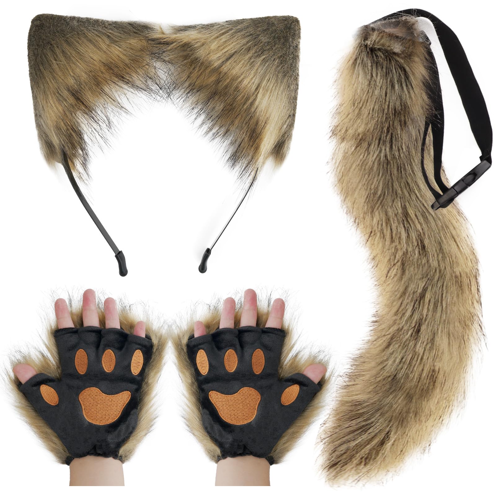 DRESHOW Wolf Fox Fur Tail Ears Headband and Gloves Set Cosplay Party Costume Super Huge Fluffy Tail for Women