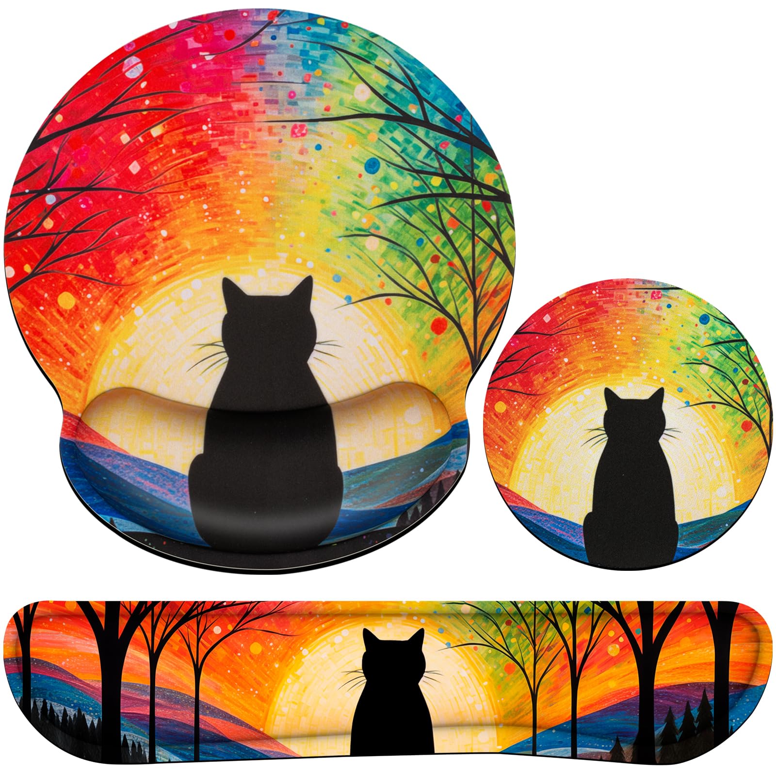 Mouse Pad with Wrist Rest Cute Black Cat Set,Qomolama 3-in-1 Wrist Support Mouse Pad Set,Gaming Mousepad with Anti-Skid Base,Ergonomic Mouse Pad,