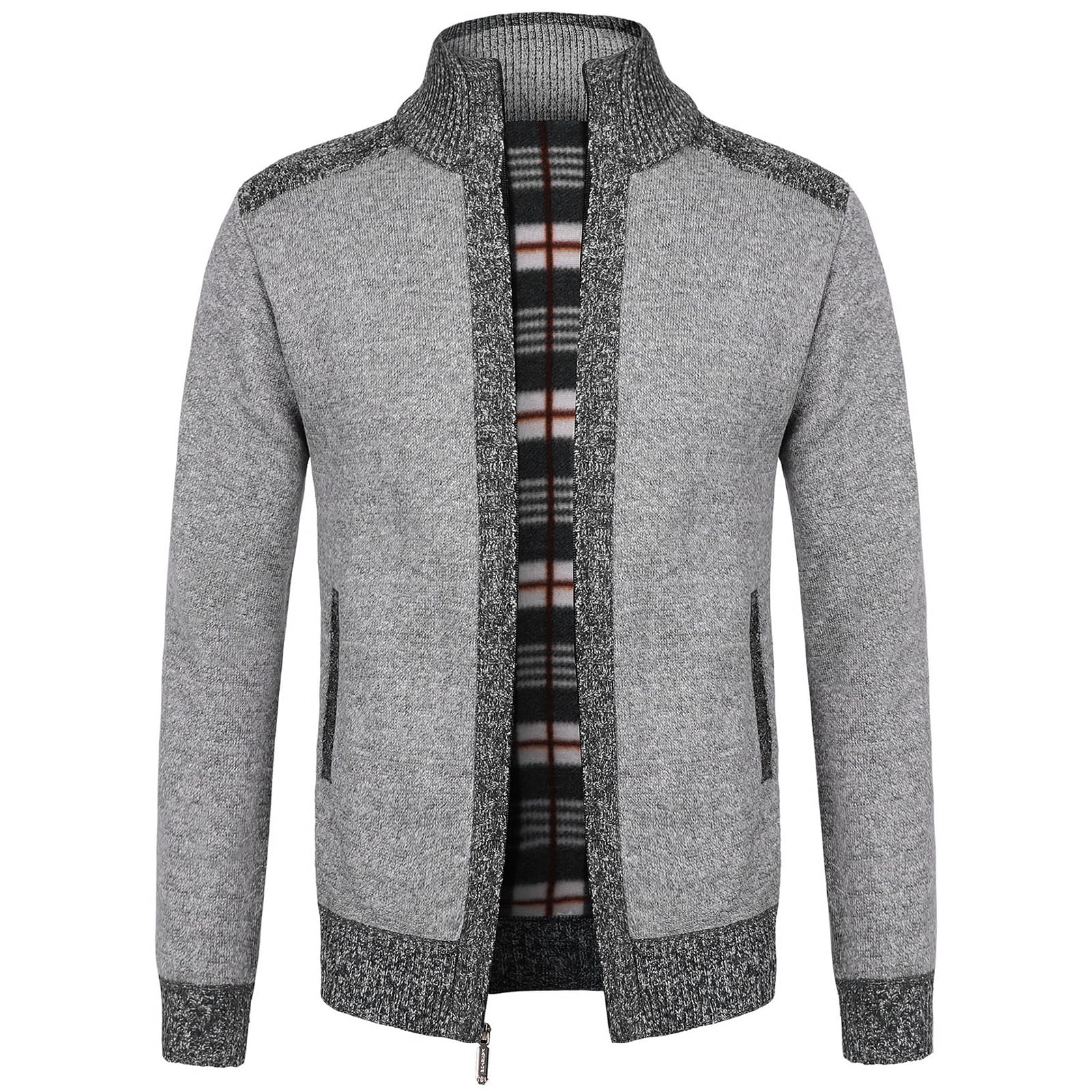 LY4U Herren Strickjacke Durchgehender Frontreißverschluss mit 2 Seitentaschen, Stehkragen Warme Fleece gefütterte Wintermantelpullover