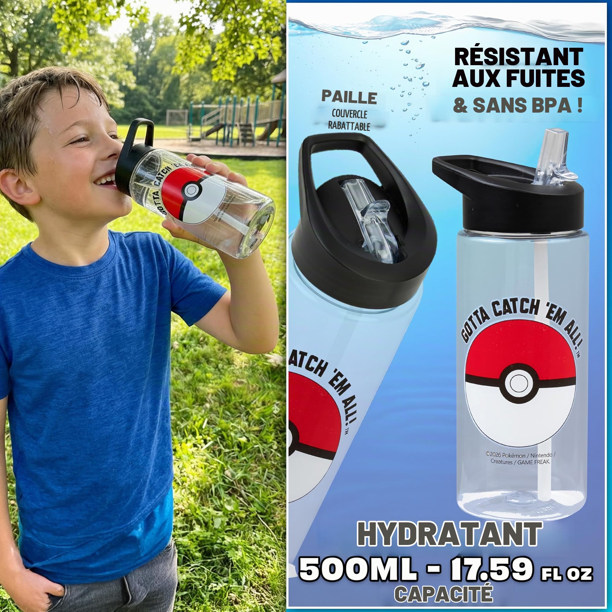 Get Trend Pokemon Card Sac a Dos Enfant Garcon avec Gourde, Grand Fermeture Eclair Cartable et sans BPA Gourde Sport 500ml, Cadeau Garcon (Multi Pokemon)
