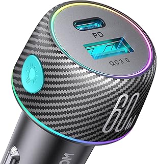 USB C 60W Car Charger, 2-Port [PD30W+QC30W] Super Fast Car Phone Charger Adapter Fast Charging for iPhone 14/13 Pro Max, Samsung Galaxy S23/S22/S21, iPad Pro, Pixel/Android, 7 Colors Changeable Light