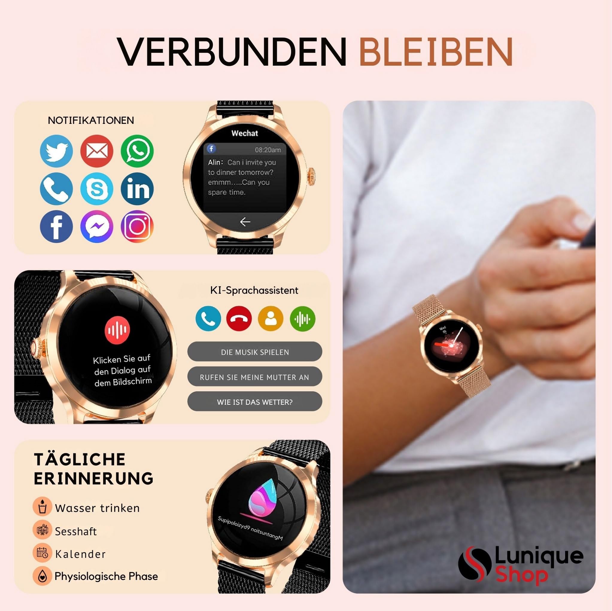 LUNIQUESHOP Round Smartwatch V2 für Frauen Telefonfunktion, Sprachassistent|Kleiner runder 1,19" 120 Sports Herzfrequenzmonitor Blutdruckmonitor Schlafmonitor Damenuhr Android iOS Schwartz Gold