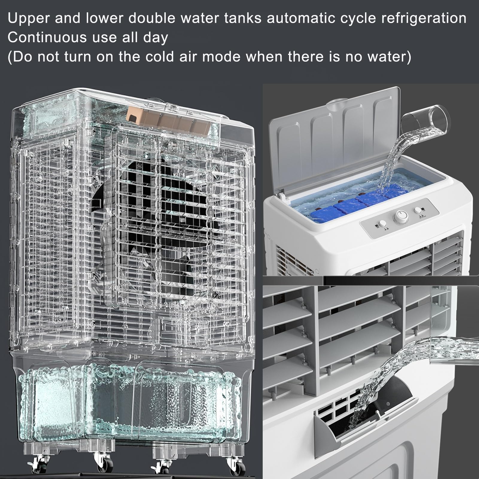 Raffreddatore d'aria evaporativo portatile, serbatoio da 55 l, oscillante, 3 velocità, timer 7,5 ore, soluzione di raffreddamento mobile per spazi fino a 60 mq, facile da spostare con ruote