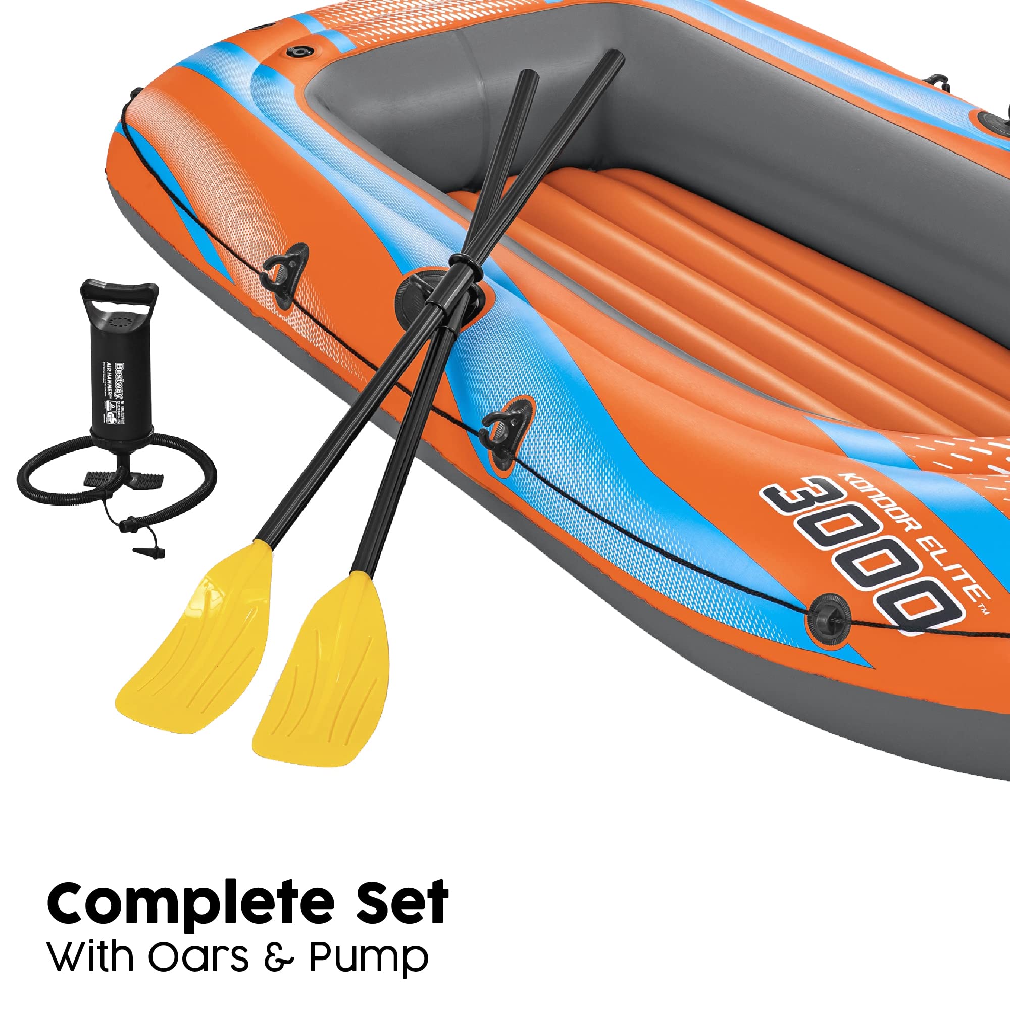 Bestway Kondor 3000 | 3 Seater Inflatable Boat Raft, Rubber Dinghy wuth Heavy Duty Handles for Family