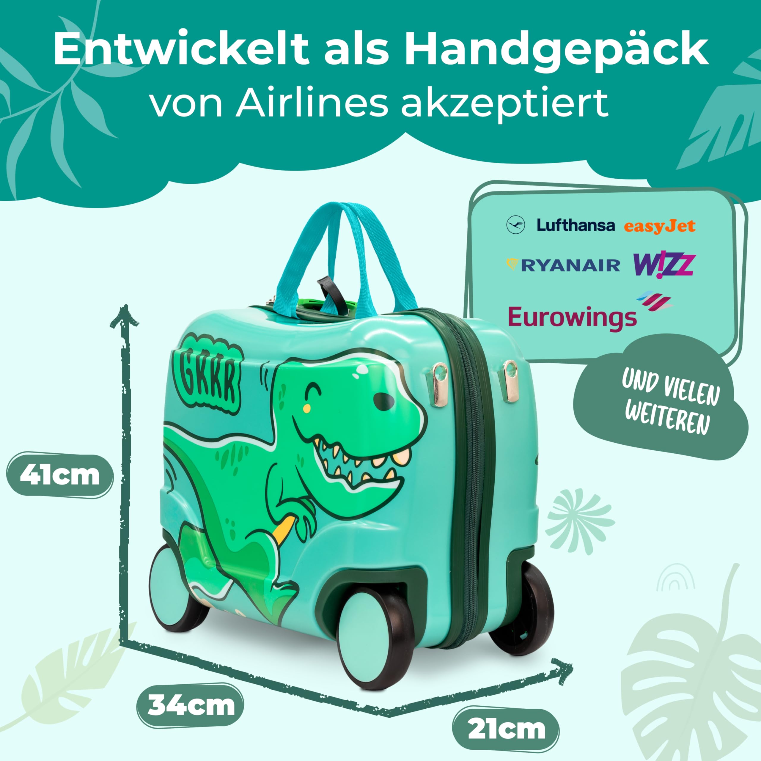 Kinderkoffer zum Draufsitzen als Kinderkoffer Handgepäck & Ersatz für Kindertrolley Jungen - Kinder Reisekoffer für Jungen - Kindergepäck mit Rollen