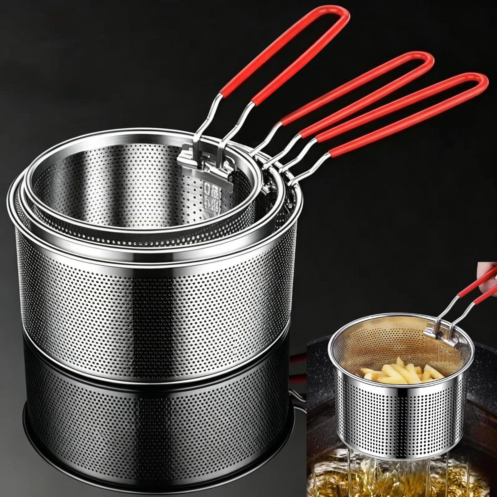 3 Stück Frittierkorbt aus Edelstahl, mit Abnehmbaren Griff 16 cm/18 cm/20 cm Nudelkorb Küchensieb Runder Pommes Körbchen Metall Küchensieb für Frittieren Abtropfenlassen und Abseihen