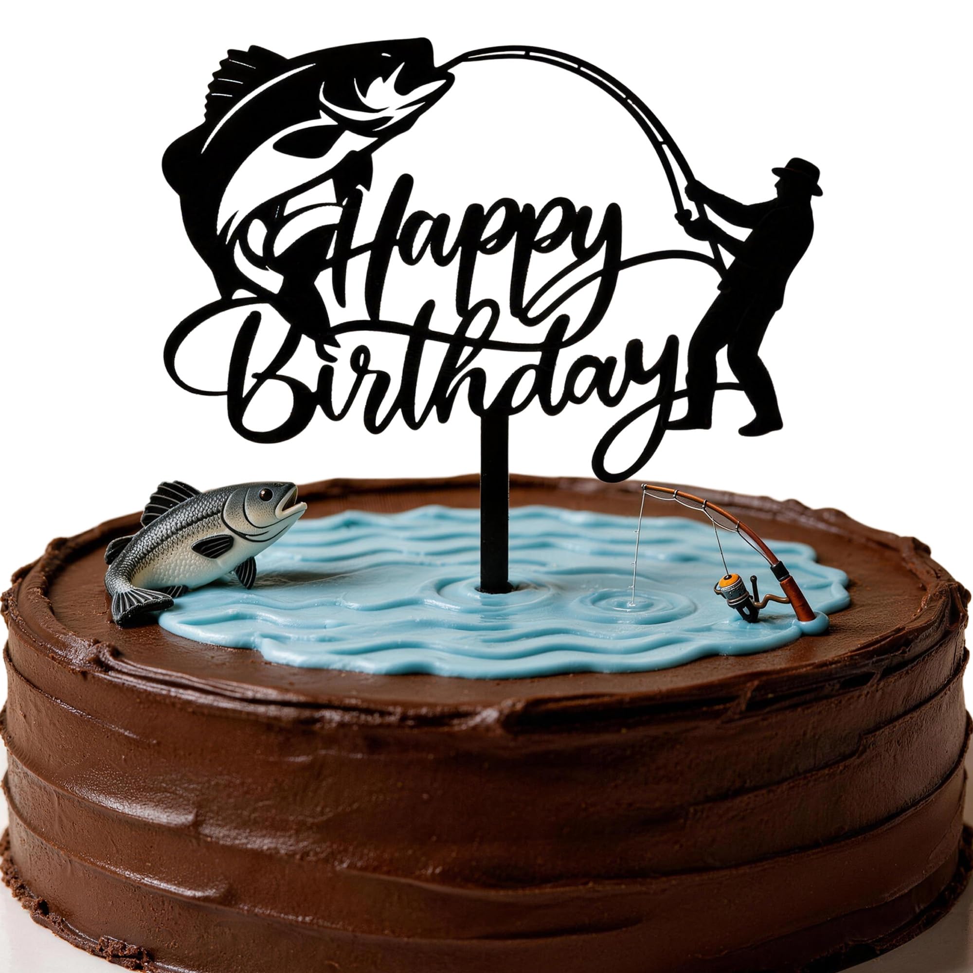 Fishing Happy Birthday Cake Topper, Large Mouth Bass & Fish Rod Silhouette Acrylic Cake Pick, Gone Fishing Themed Cake Decoration for Angler Dad Grandpa Fisherman Birthday Party Supplies
