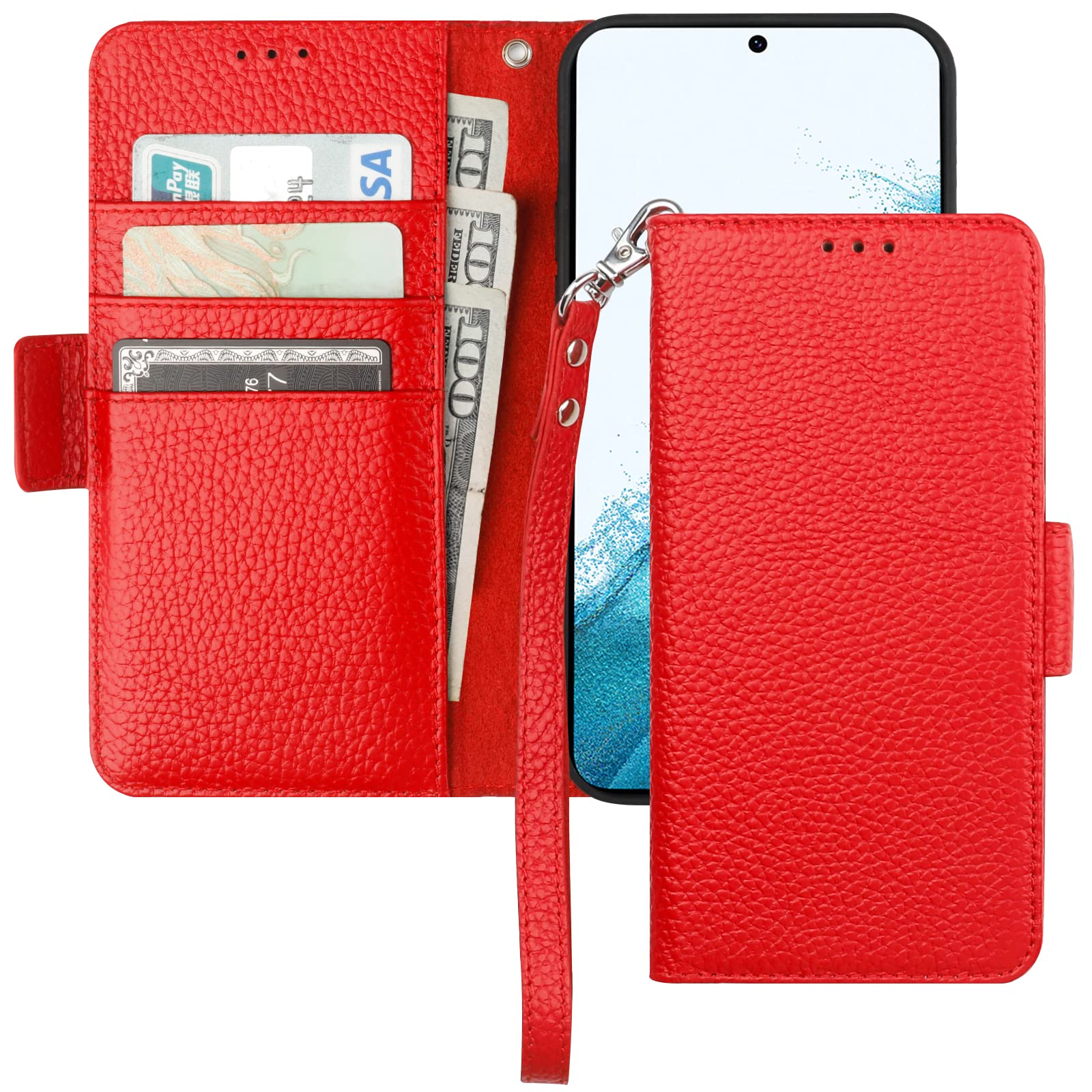 Bocasal Wallet Case for Galaxy S22 Plus 5G, Genuine Leather Support Wireless Charging RFID Blocking Flip Case Card Slots Holder, Kickstand Magnetic