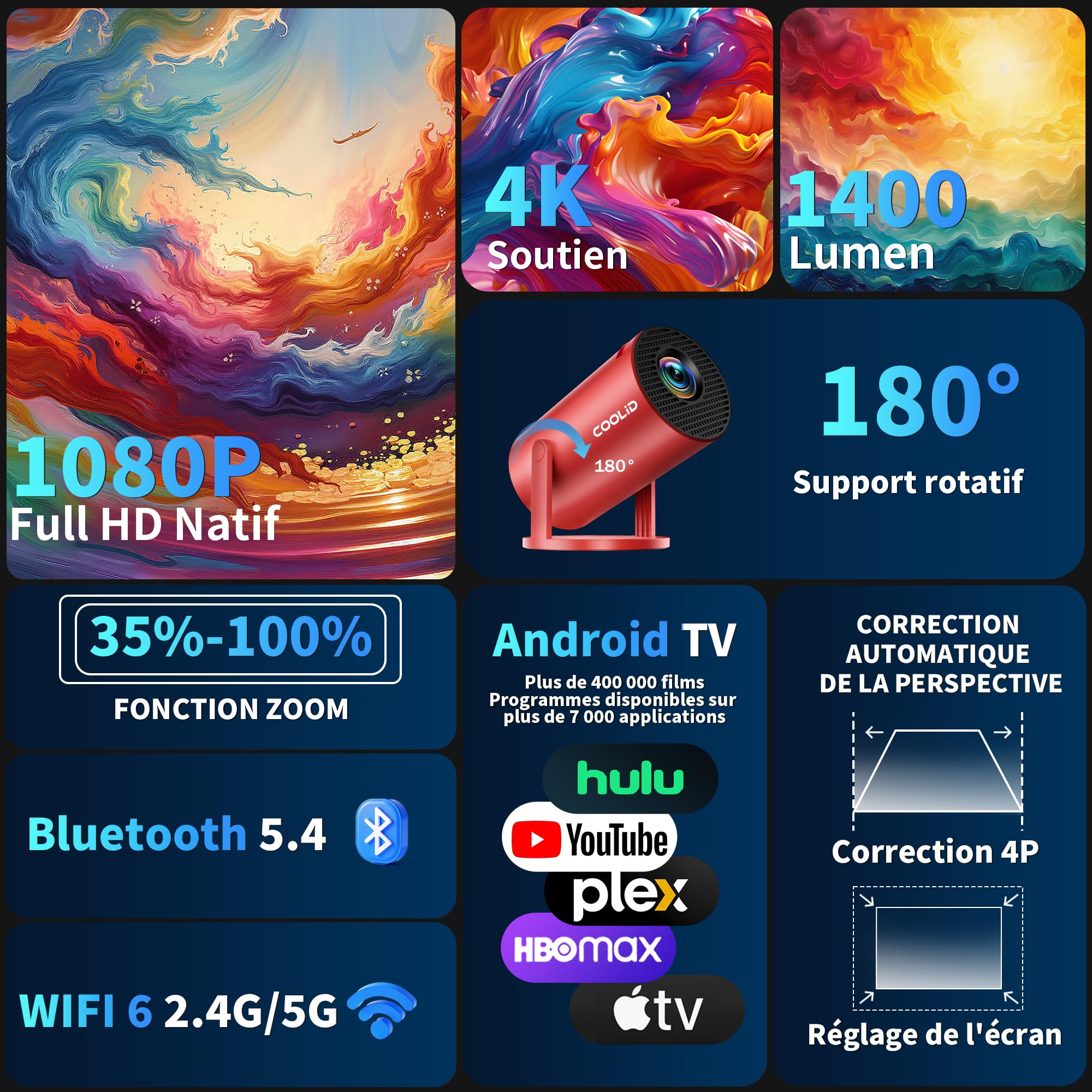 [Apps intégrées & 2026 Upgraded] Mini Vidéoprojecteur Supporte 4K 1080P avec 5G WiFi 6 Et BT 5.2 Le Projecteur Soutien Rotation 180° Portable Projecteur Video Applicable Laptop/HDMI/TV Stick,Rouge