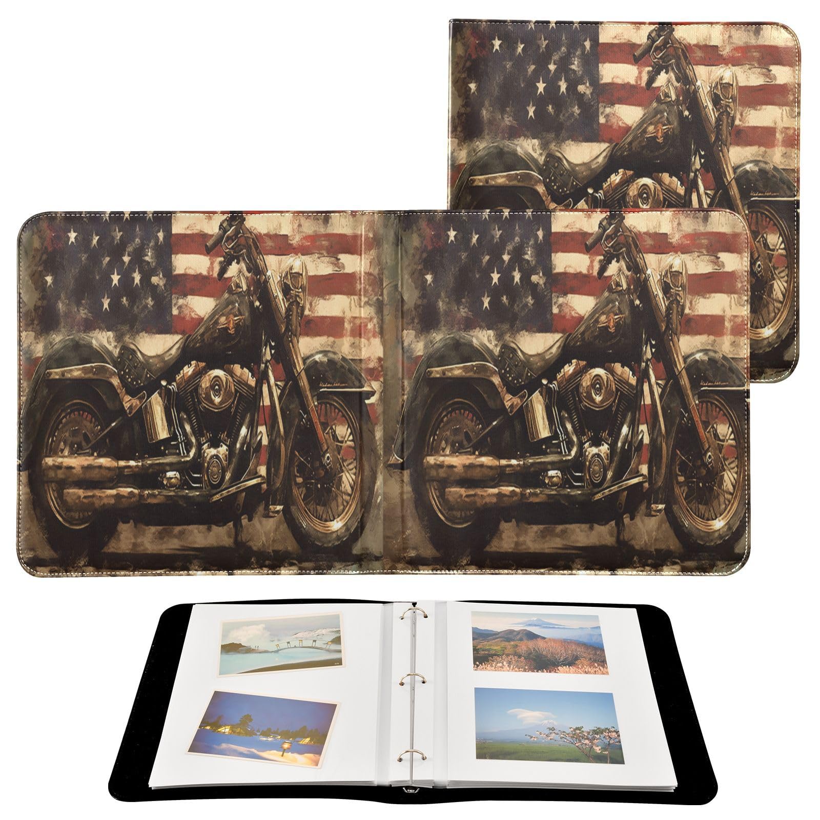 Kigai Motorcycle Flag Photo Album Self Adhesive Scrapbook Album Leather Cover DIY Picture Scrap Book with 20 Adhesive Sheets, 11.8x24x0.8 inch