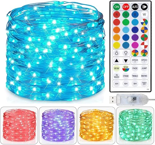 Guirnalda de luces USB con enchufe USB de 33 pies, 100 luces LED con control remoto, luz blanca cálida que cambia de 20 colores, luces parpadeantes