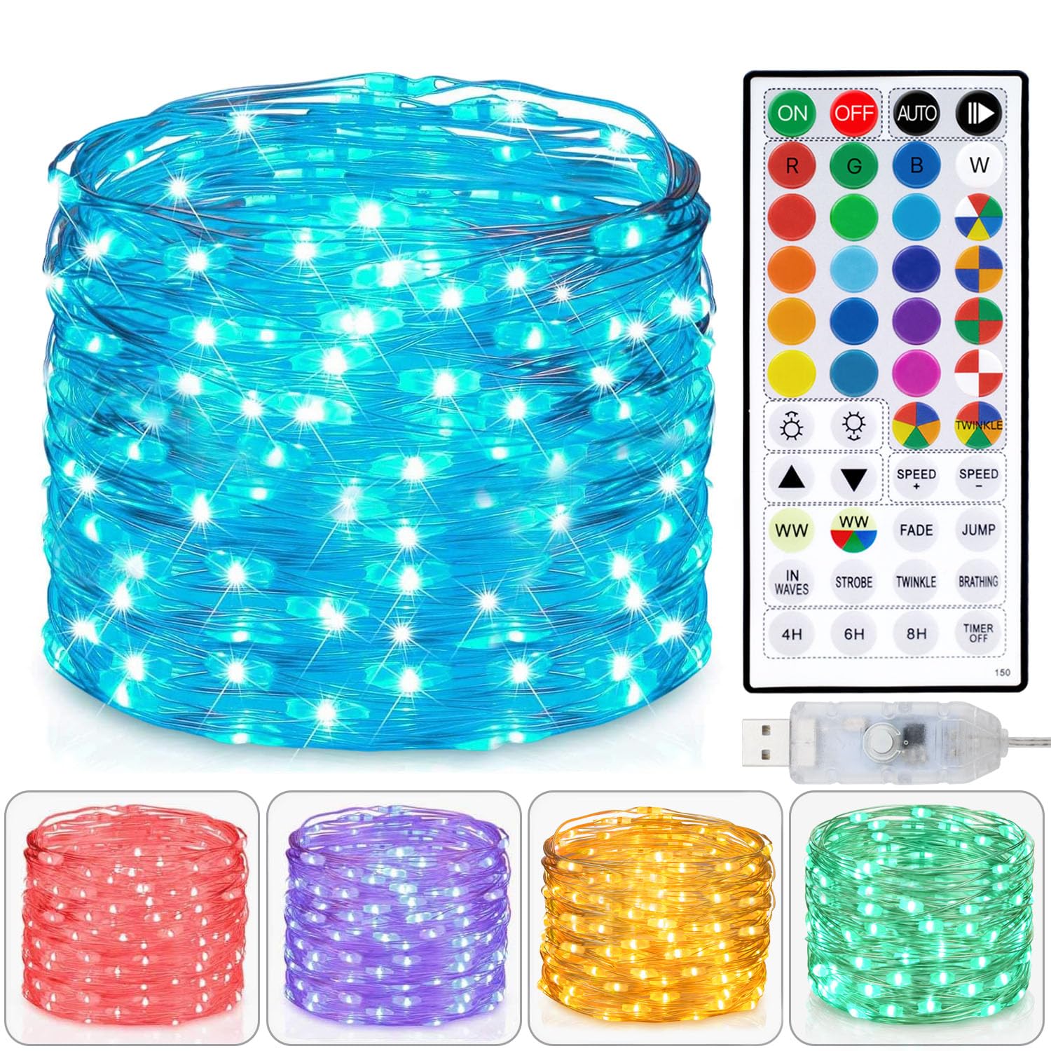 Fairy Lights USB Plug in 33ft 100LEDs with Remote, Warm White 20 Color Changing Light Twinkle Firefly String Lights for Bedroom Party Wedding
