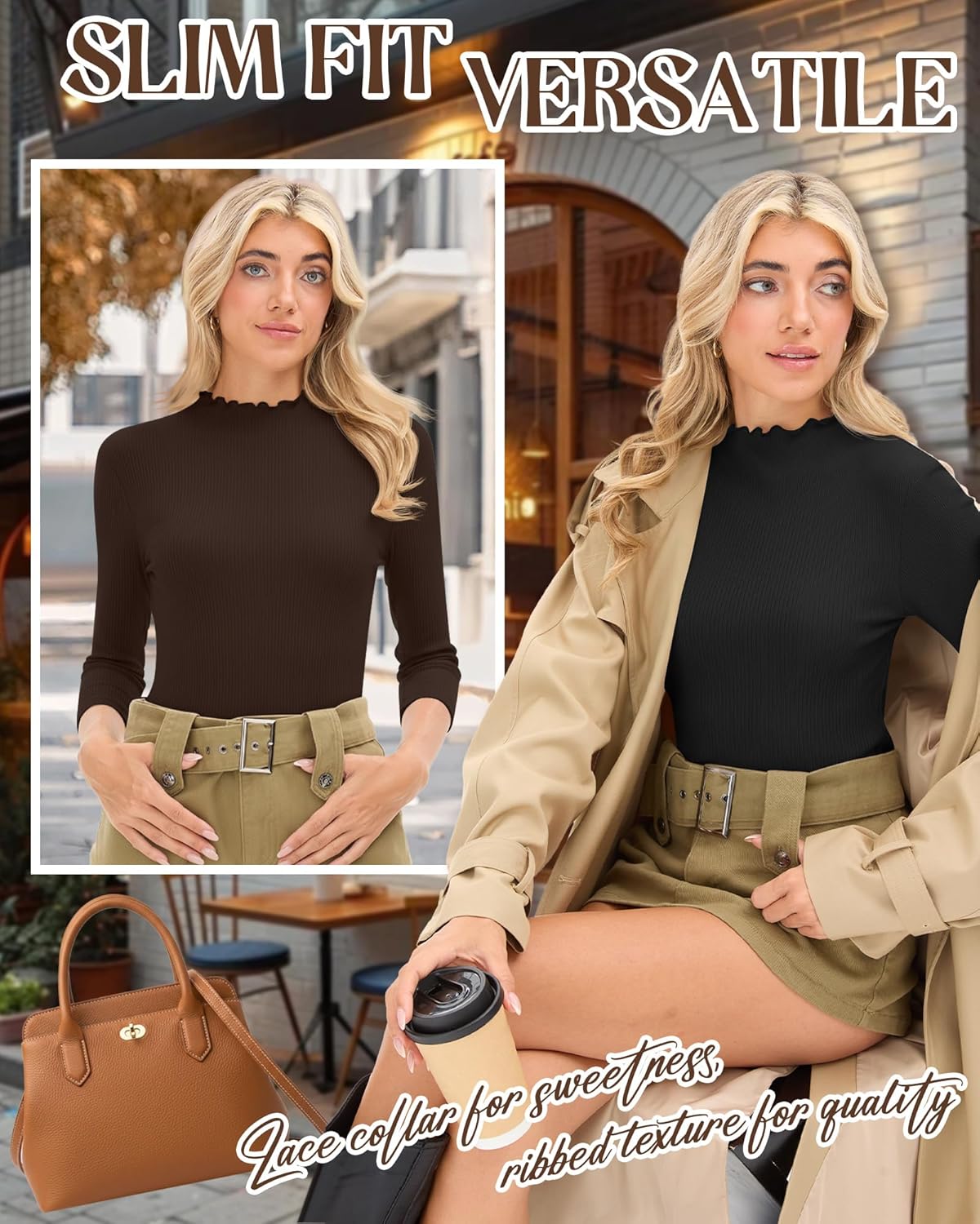 3 Pack Women's Cotton 3/4 Sleeve Mock Turtleneck Tops Lettuce Trim Ribbed Shirts Slim Fit Casual Basic Tees - Image 6