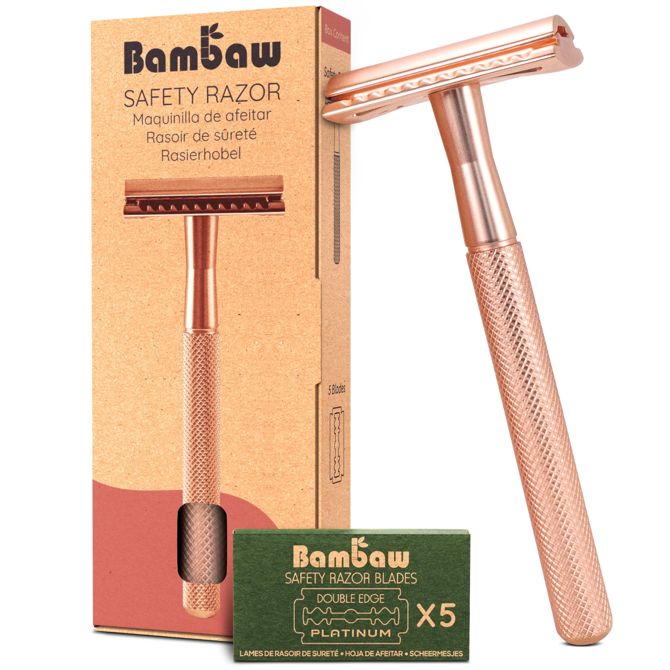 Bambaw Maquinilla de Afeitar Mujer, Incluye 5 Hojas de Afeitar Doble Filo de Acero Inoxidable Sueco, Cuchilla Depilar Mujer de Metal, Uso Fácil y Seguro, Apta para Todo Tipo de Pieles (Oro Rosa)