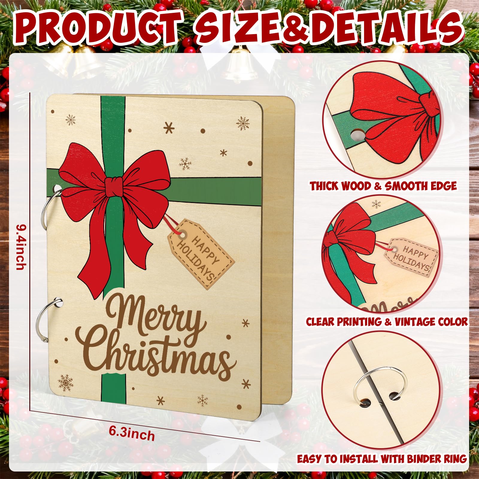 Wooden Christmas Card Keeper Binder Merry Christmas Greeting Card Holder with Rings Xmas Holiday Post Cards Organizer Wood Memories Book for Storage Keepsake Album Photo Notes Gift Winter Past Notes