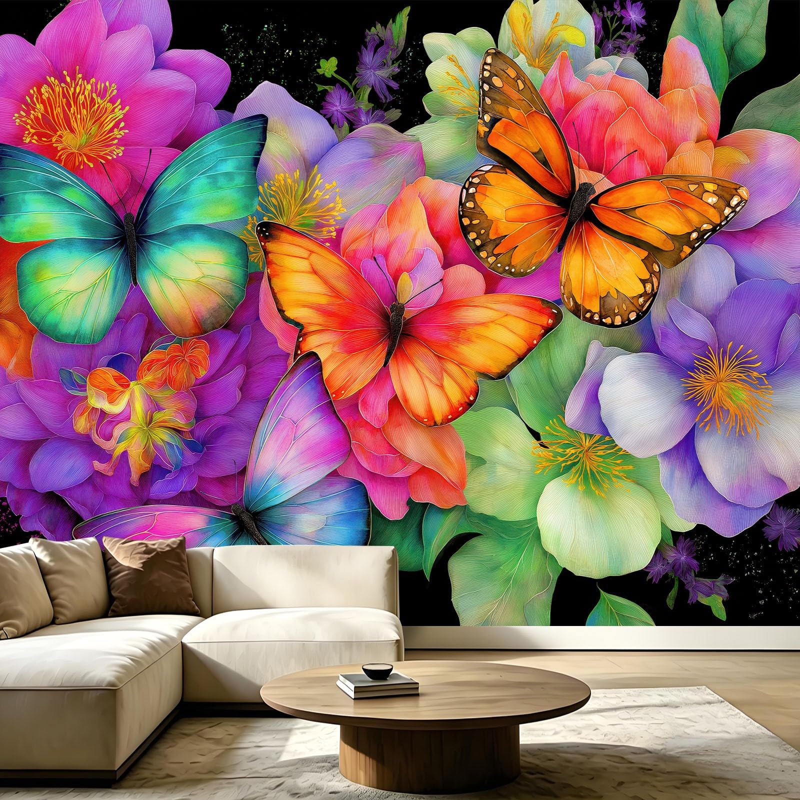 Papier peint panoramique chambre principale ambiance nature aquarelle multicolore
