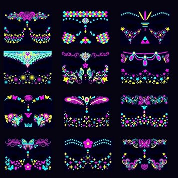 The Classy Concept Fluorescent Face Tattoo Stickers – Temporary Glow-in-the-Dark Festival & Party Face Decals for Women & Girls – Mermaid, Butterfly & Fantasy Designs (Pack of 12)