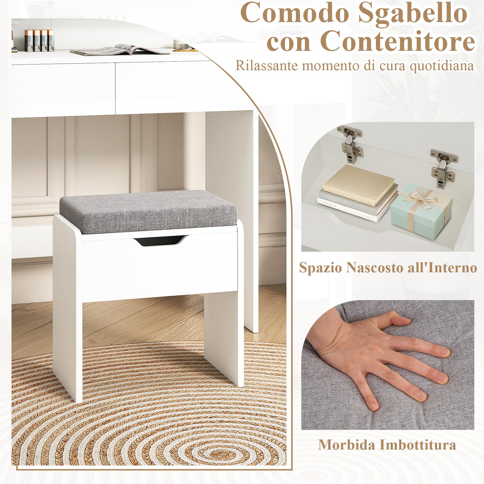 RELAX4LIFE Toeletta Trucco con Luci LED e Stazione di Ricarica, Tavolo da Trucco con Sgabello, 3 Colori di Illuminazione, Luminosità Regolabile, 3 Ripiani e 2 Cassetti per Camera da Letto