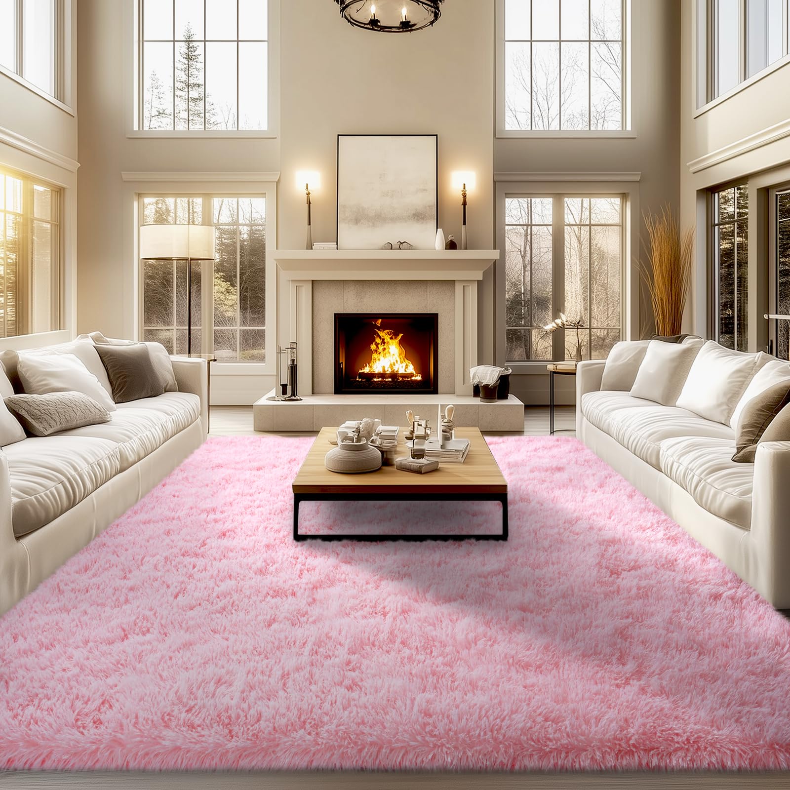 qulint 9x12 Rugs for Living Room, Large Fluffy Pink Area Rugs for Bedroom, Soft Shag Shaggy Rug 9x12 Modern Fuzzy Carpet for Girls Teen Dorm Room Home