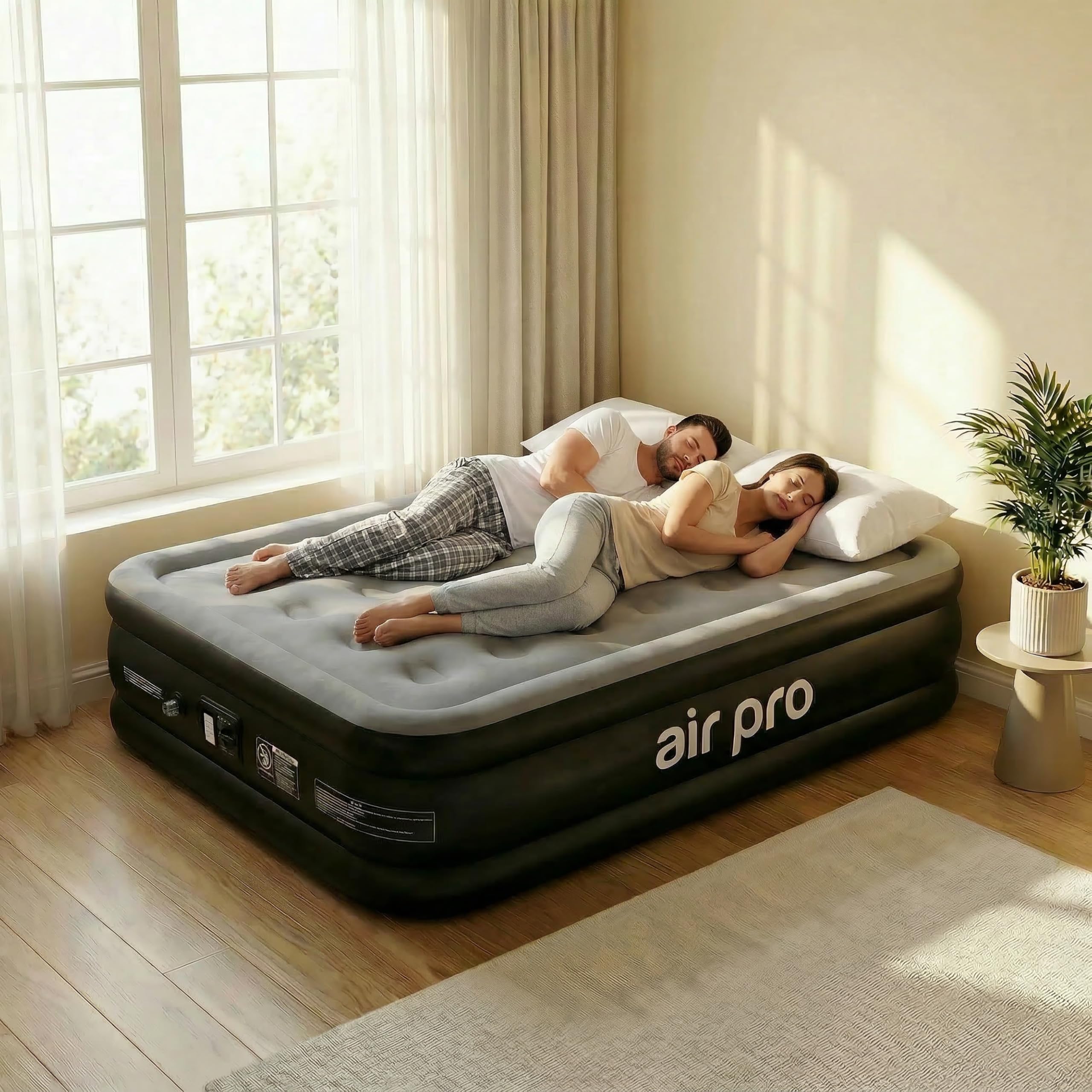 Air Pro Double Size Inflatable Air Mattress with Soft Surface Built-In Electric Pump Quick 3 Min Self Inflating Airbed for Adults & Guests, Blow Up Air Bed For Comfort at Home Or Camping 190x137x46cm