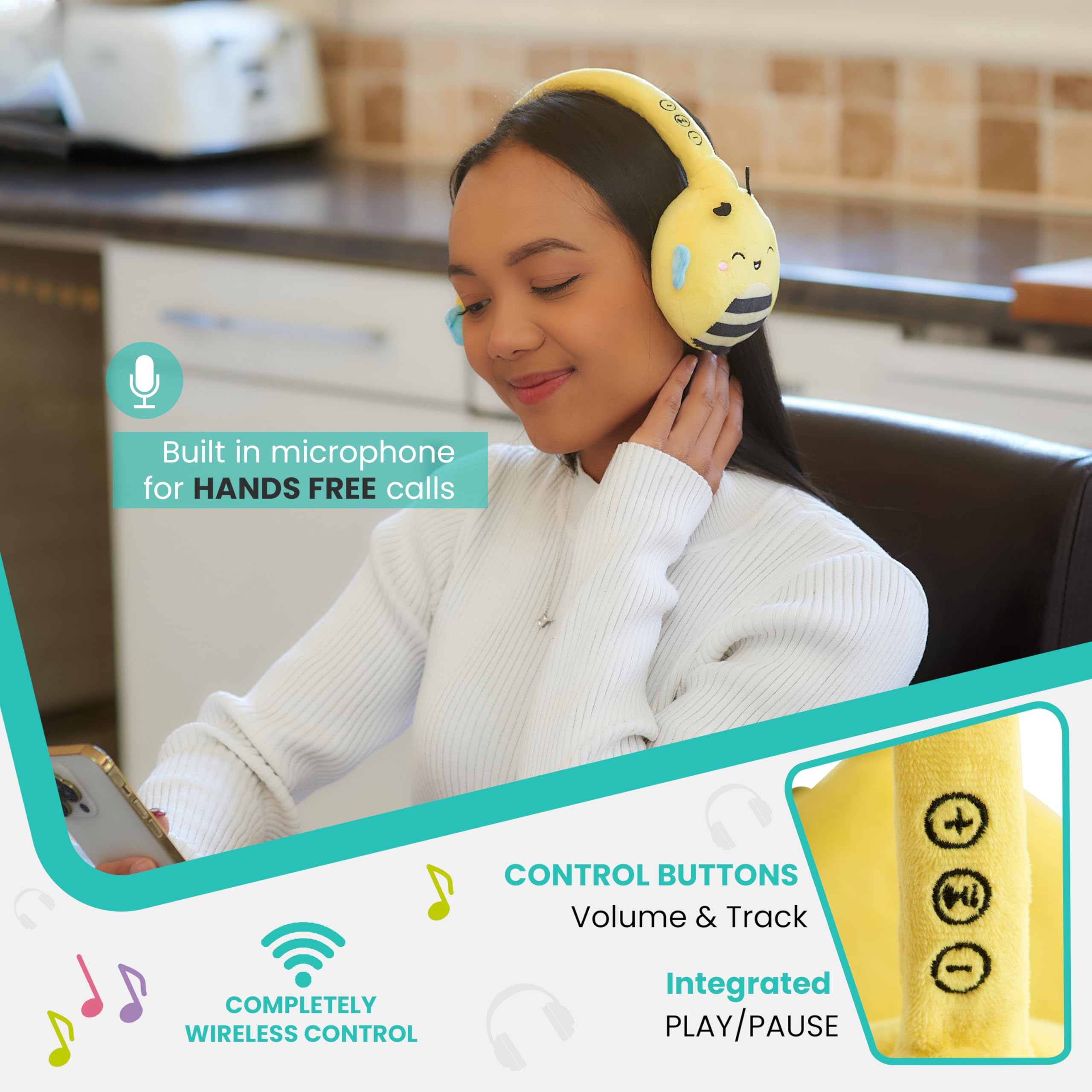 Squishmallows Sunny The Bee - Auriculares Bluetooth de felpa con micrófono integrado para hacer y recibir llamadas. Rango Bluetooth de 10 metros, control de volumen, almohadillas de felpa suave con
