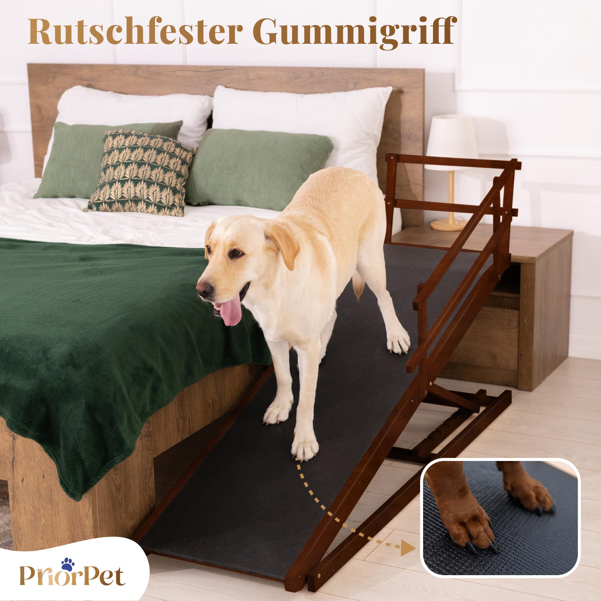 Hunderampe Bett mit Sicherheitsgeländer - Für Große Hunde bis zu 90 kg - Höhenverstellbare hundetreppe für Betten bis zu 94.5cm - Breite 49,5 cm - Klappbar - Anti-Rutsch-Griff - Birkenholz - Walnuß