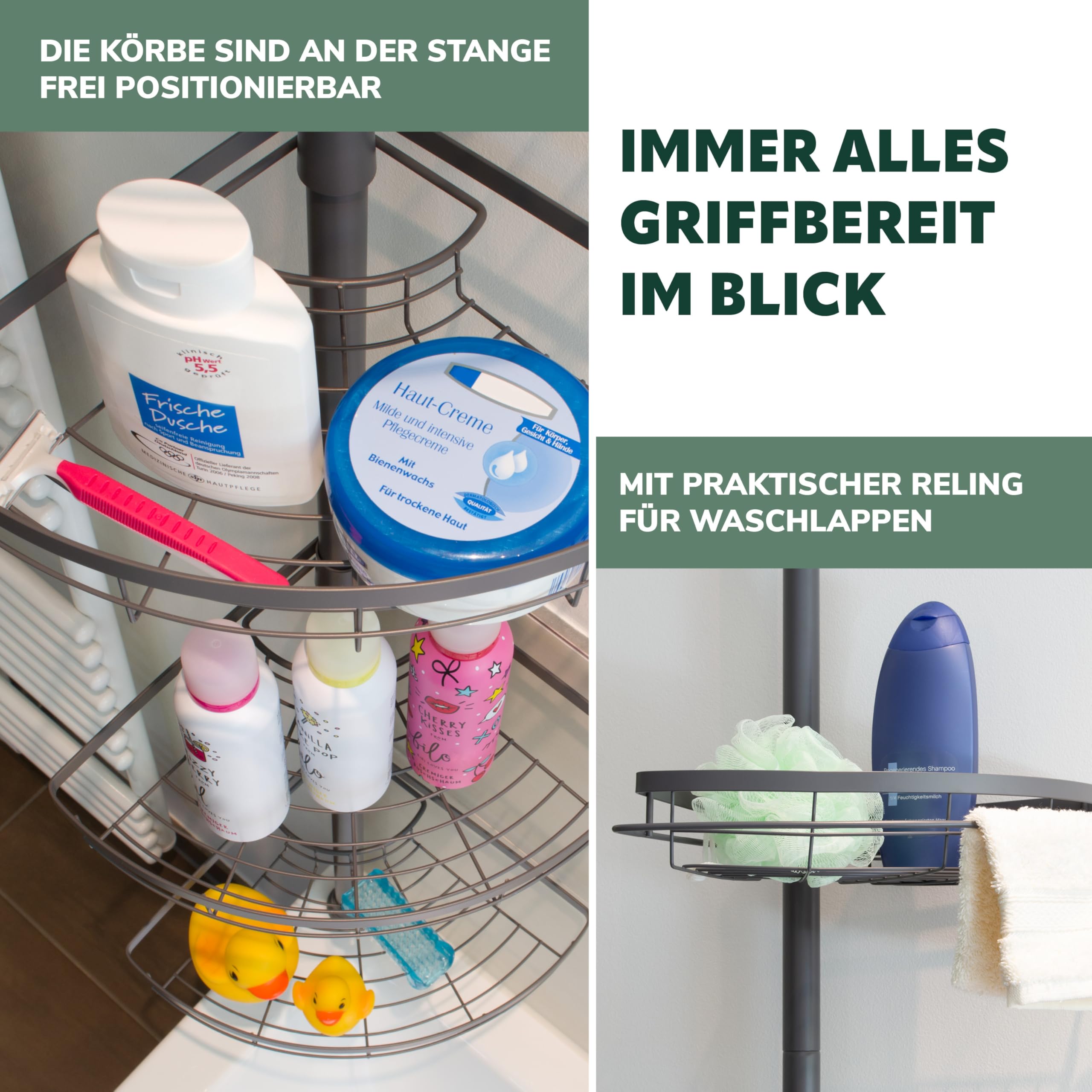 bremermann Teleskop-Eckregal, 4 Körbe, Teleskop-Stange bis max. ca. 290 cm (Grau)