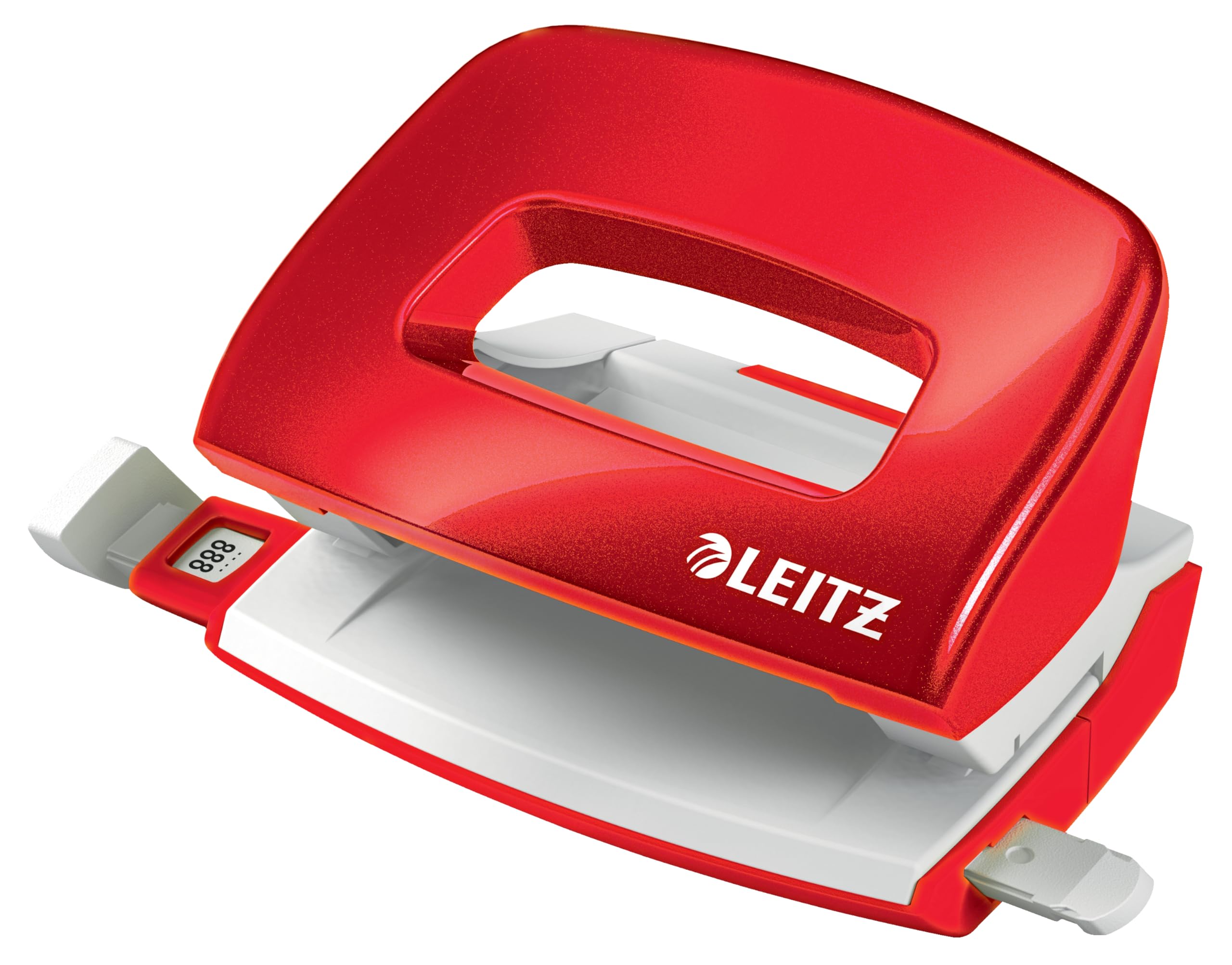 Leitz Perforadora Pequeña NeXXt WOW, Grapa hasta 10 Hojas, Barra Guía con Marcas de Referencia, Metal, Perforadora Roja Metálica, 50601026