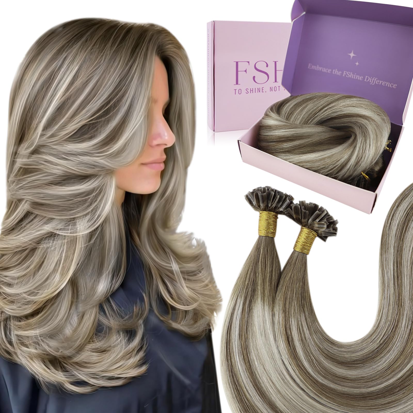 Fshine Extension Capelli Veri Cheratina Balayage Marrone A Biondo Platino Cheratina Capelli Umani Veri 45cm 50g Extension Cheratina #6/60/6