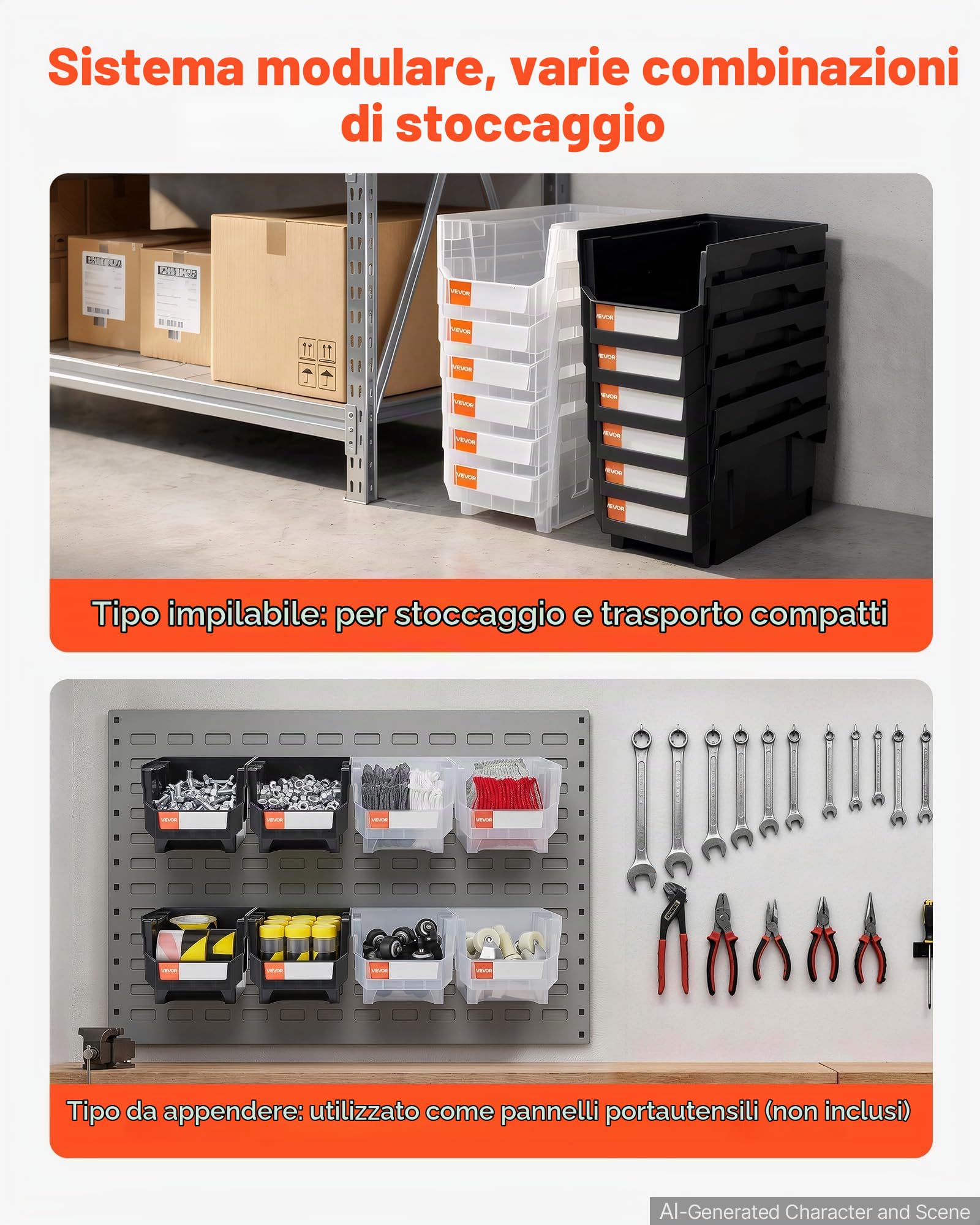 VEVOR Contenitori Impilabili in Plastica, 377 x 215 x 180 mm, 12 Pezzi, Contenitori in Plastica per Organizzare Oggetti in Armadio, Garage, Forniture per Ufficio, Altri Accessori, Nero e Trasparente