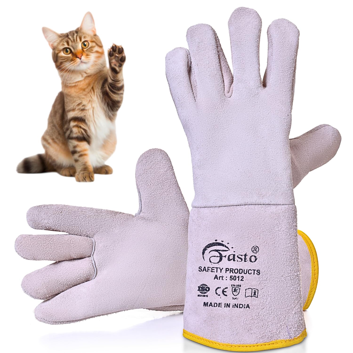 FAB TECH Multipurpose Leather Gloves, Animal Handling Leather Gloves For Saftey Against Cats, Dogs, Reptile, Birds, Snakes & For Industrial Use (14 Inches) (Assorted Color),2 Piece