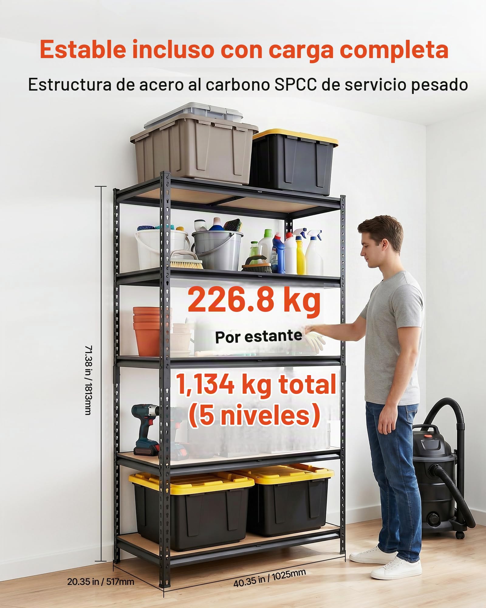 VEVOR Estantería Almacenaje Metálica de 5 Niveles 1025 x 517 x 1813 mm, Estantería Multiusos Altura Ajustable, Capacidad 1134 kg en Total con Estructura de Acero para Trastero Dormitorio Garaje Sótano