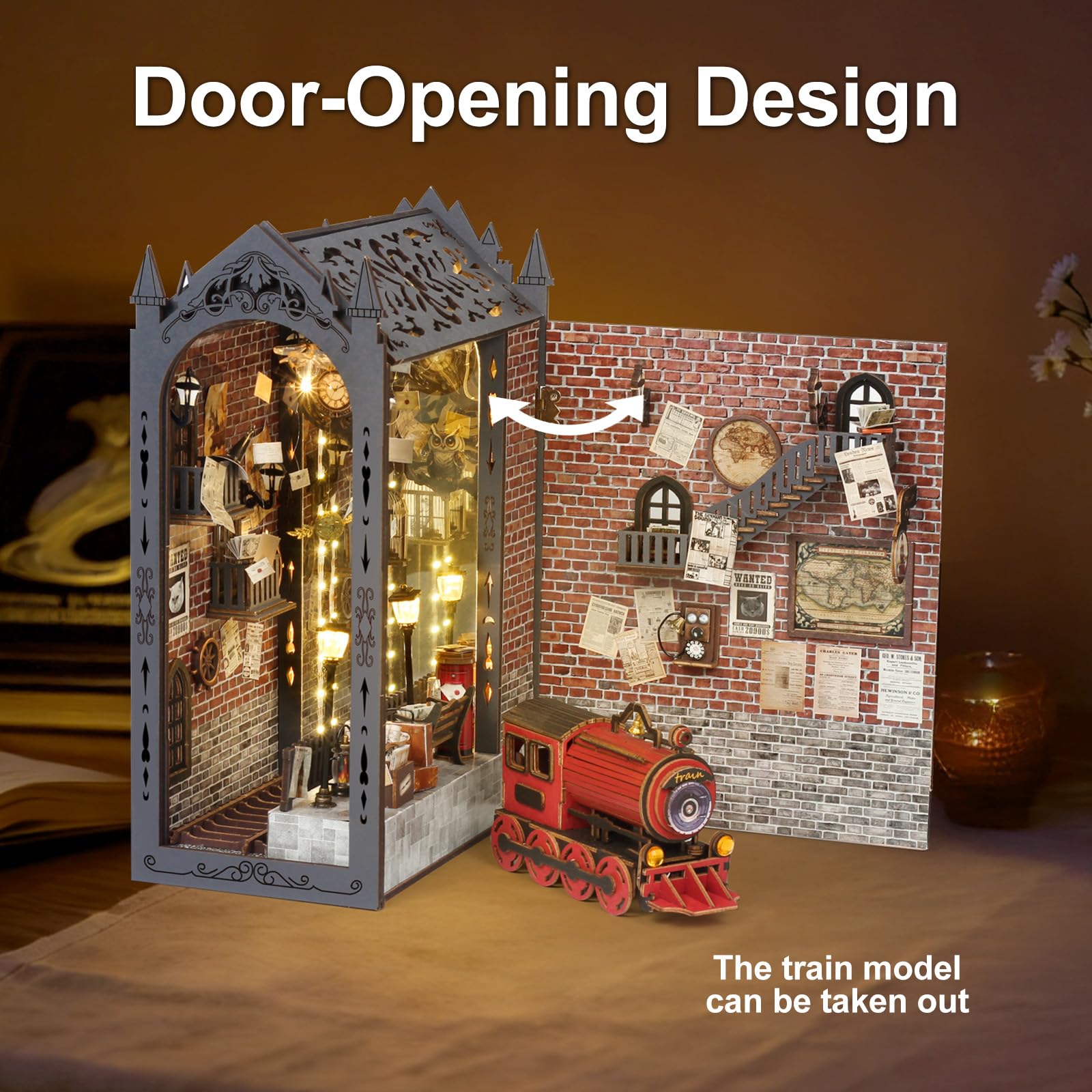 Cuteefun Book Nook Kit - Casa de Muñecas en Miniatura con Luces LED & Cubierta Antipolvo, Adornos Creativos para Estanterías, para Cumpleaños, Navidad, Halloween (Tren Mágico)
