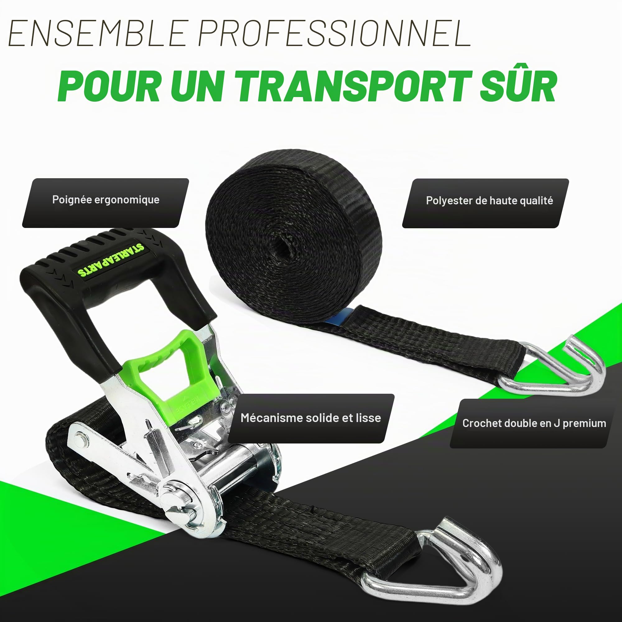 StarLeaparts Lot de 4 sangles à cliquet, 6 m x 35 mm Sangles d'arrimage professionnelles en 2 parties pour jantes, sangles de serrage résistantes jusqu'à 2000 kg, Sangles à cliquet en 2 parties pour