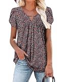 Womens T Shirts Short Sleeve Pleated Floral Tunic Tops Dressy Casual Crew Neck Summer Boho Tops Blouses