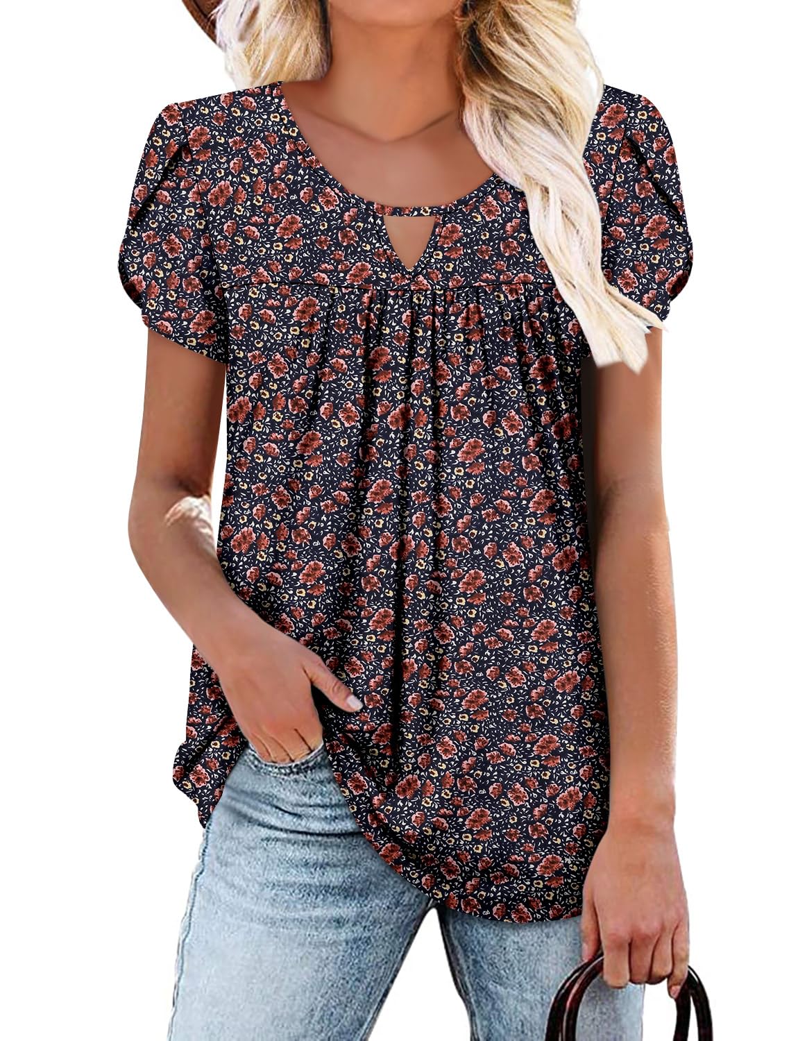 onlypuff Womens T Shirts Short Sleeve Pleated Floral Tunic Tops Dressy Casual Crew Neck Summer Boho Tops Blouses