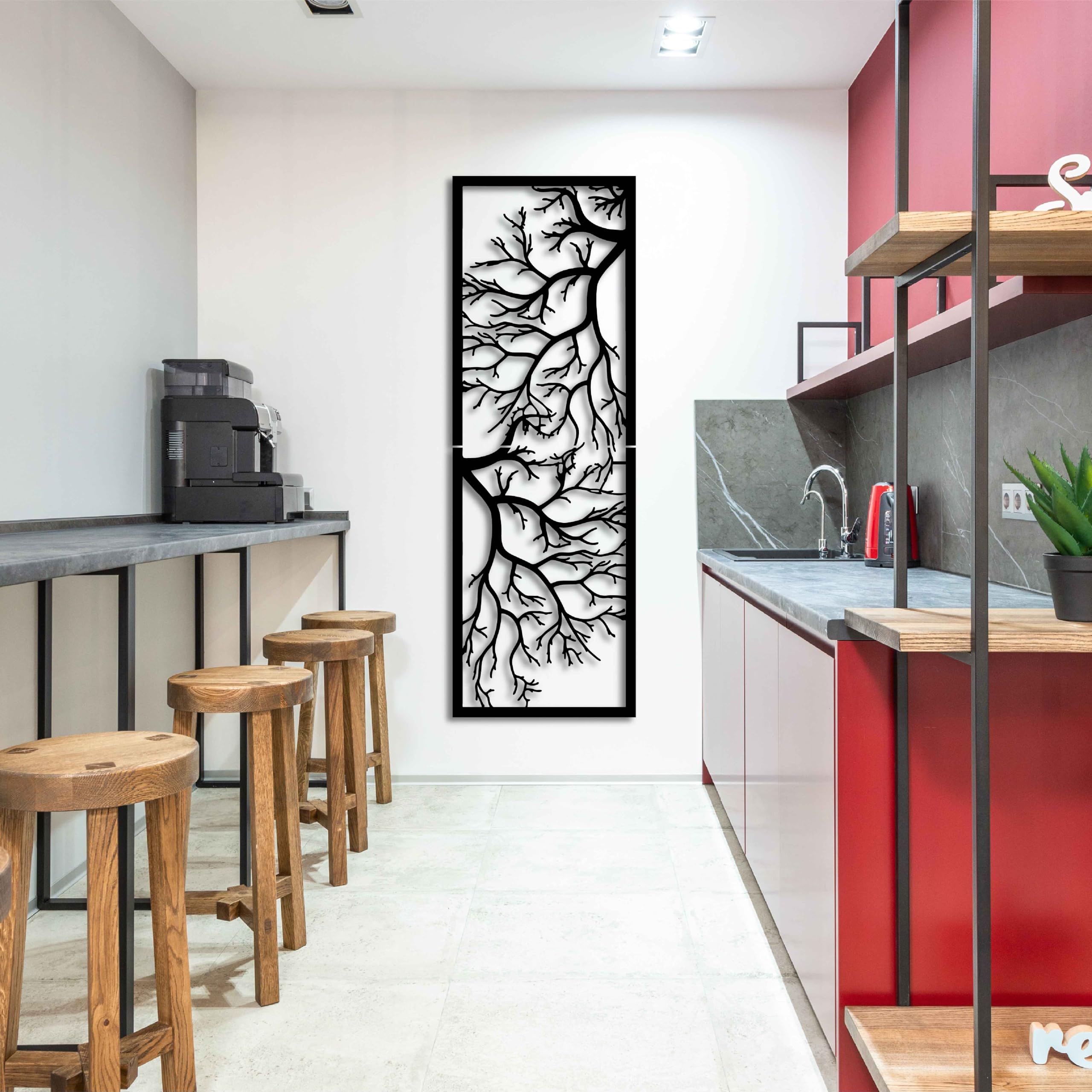 KAWA METALWORKS Arte de Pared Vertical de Árbol para Interior y Exterior, Gran Decoración de Pared de Metal para Sala de Estar