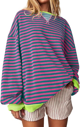 Womens Striped Oversized Sweatshirt Color Block Crew Neck Long Sleeve Shirt Casual Loose Pullover Y2K Trendy Top