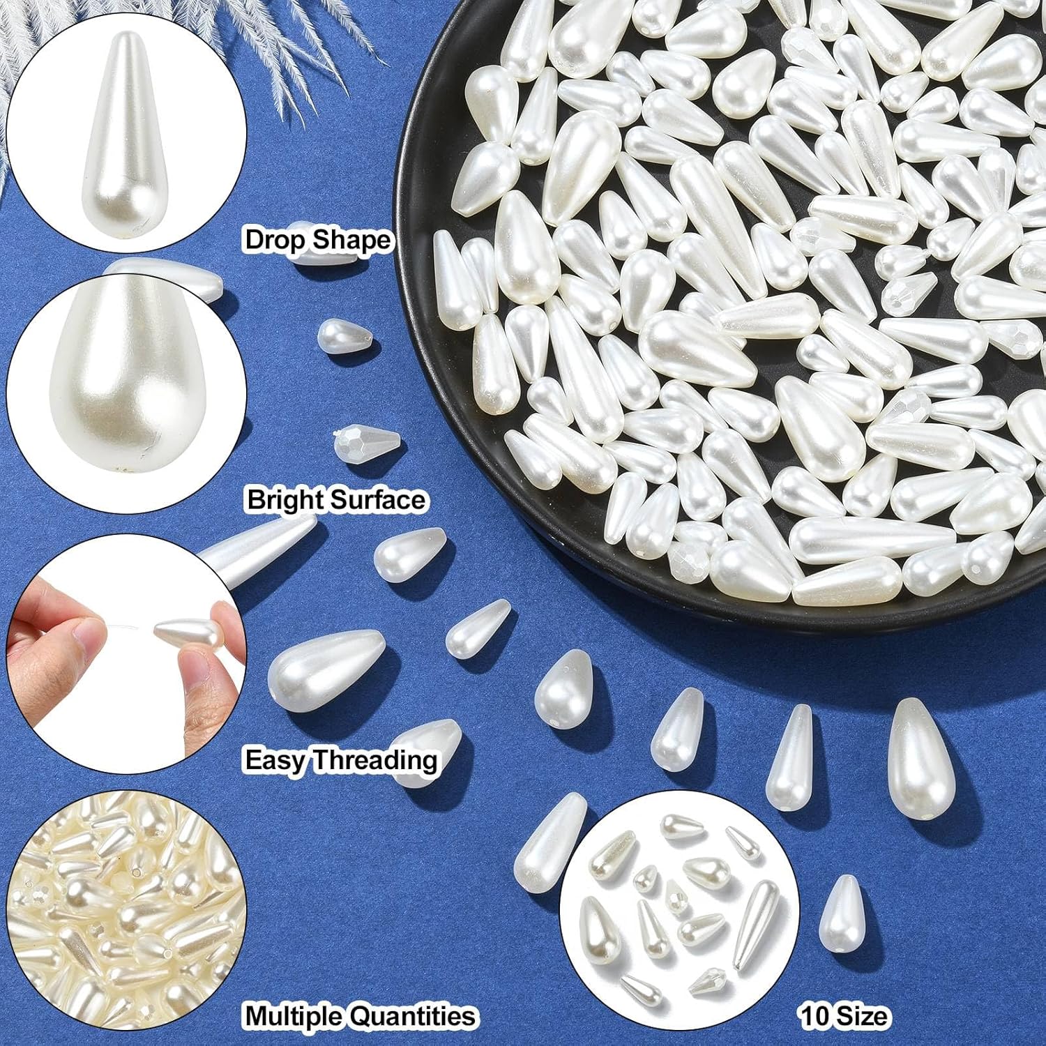 LiQunSweet 189 pcs 10 Styles Teardrop Shaped ABS Plastic Beads Imitation Pearl Shell White Drop Shaped Beads for DIY Jewelry Bracelet Necklace Crafts Bulk - Image 3