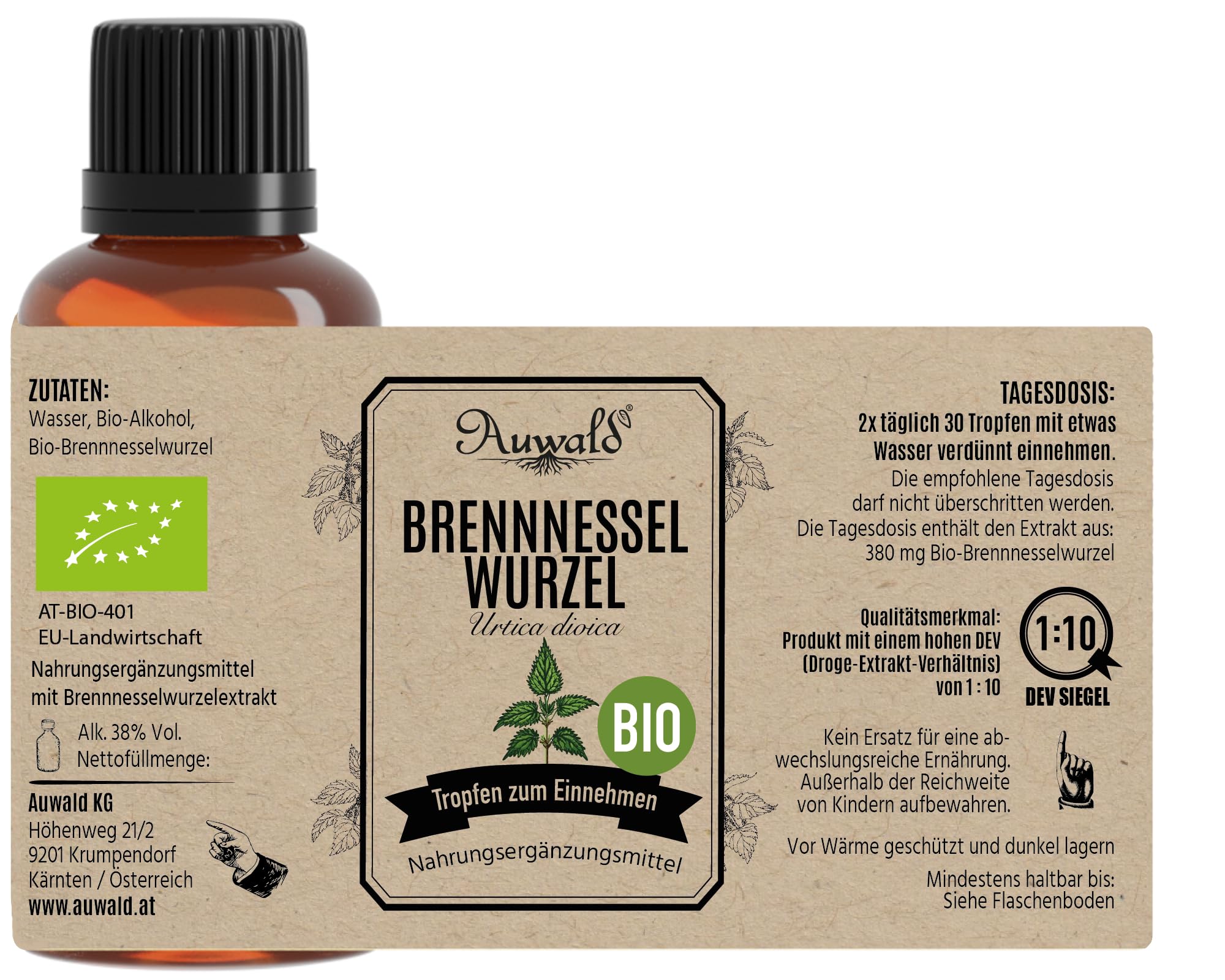 NEU! Auwald Brennnesselwurzel Tropfen BIO – Hochwertiger Auszug, Extrakt, Essenz & Tinktur – 100% BIO Landwirtschaft, Frei von künstlichen Zusätzen und Farbstoffen, Hergestellt in Österreich – 100ml