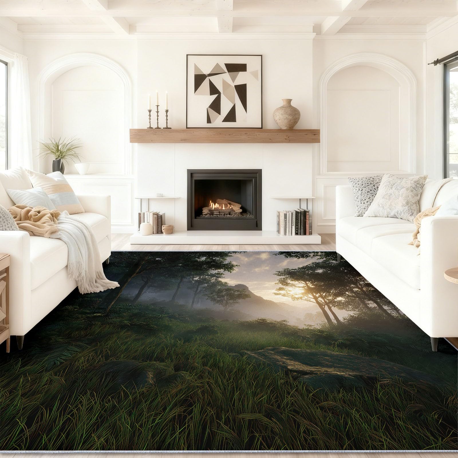 Tapis de salon poil ras 140x200 cm imprimé paysage de forêt et montagnes vert