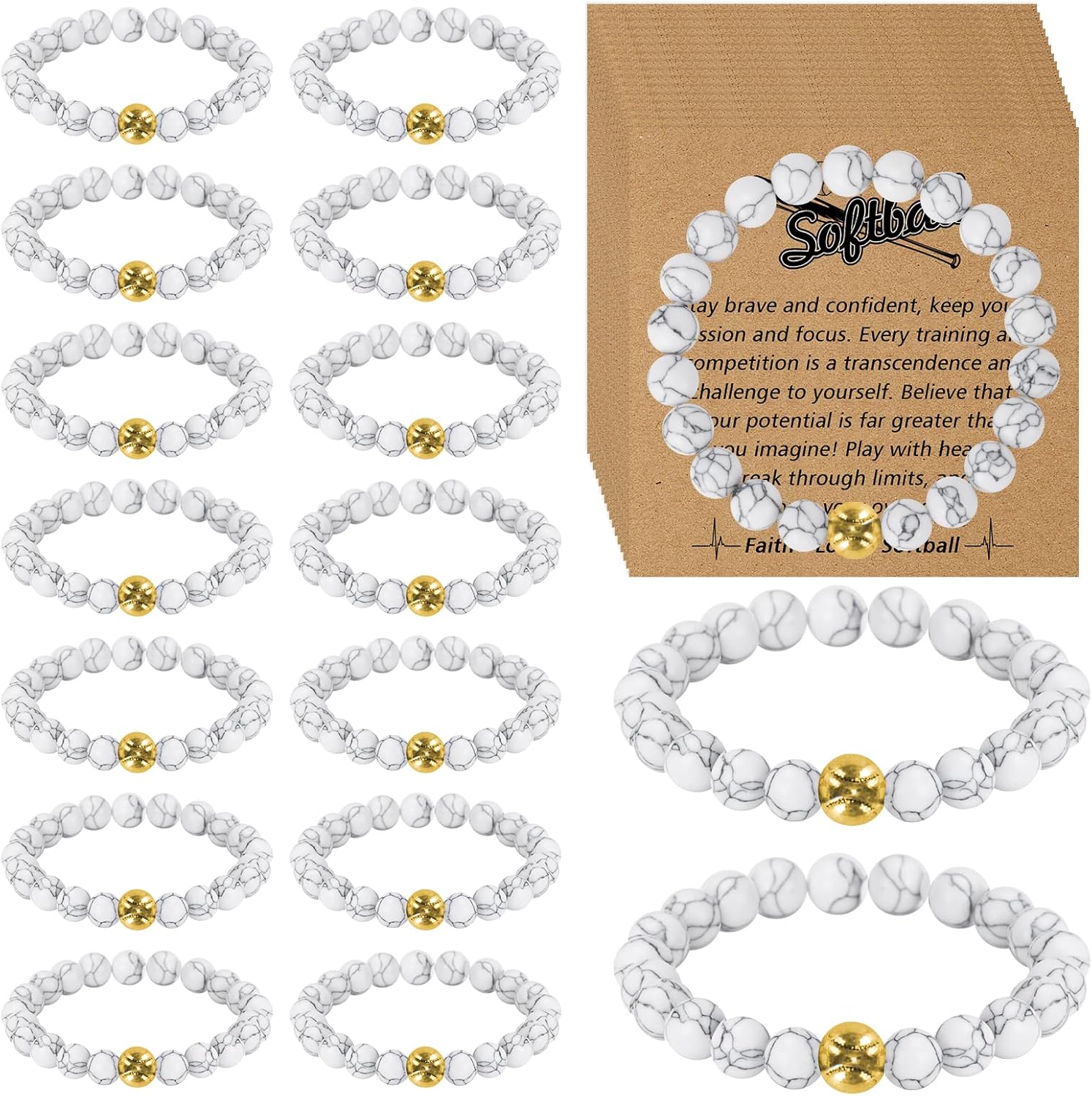 16 Sets Softball Soccer Volleyball Bracelets Sport Charm Bracelets Team Gifts Natural White Turquoise Beaded Bracelet with Inspirational Card for Sport Player Team Birthday Graduation Party Favors