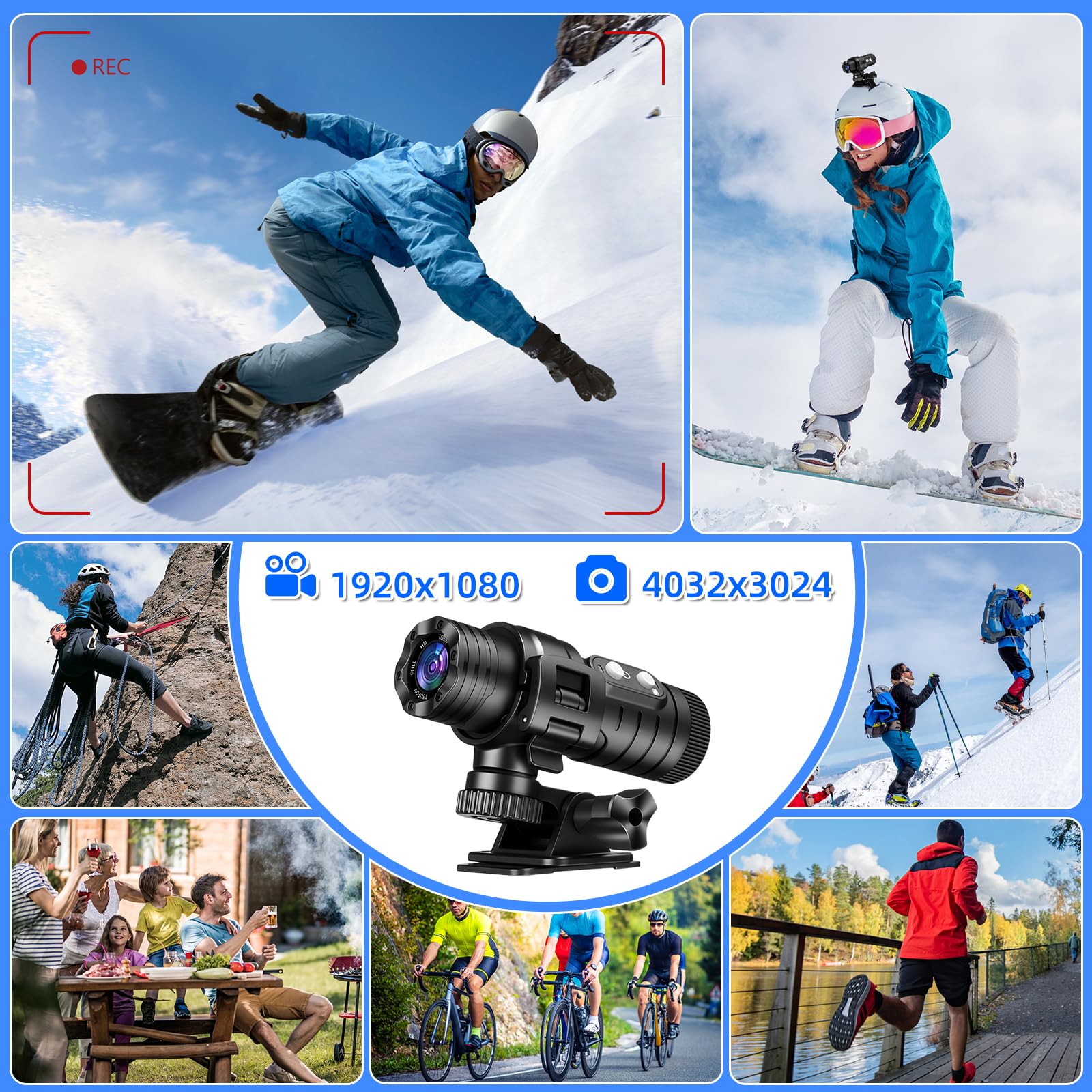 AIKER Dashcam Fahrrad,Verbesserte Version WiFi Action Cam Intelligente Aktive Stabilisierung und Echtzeit-Pegelkorrekturfunktion helmkamera,1080P HD&120°Weitwinkel Action Kamera,Mit 64GB Speicherkarte